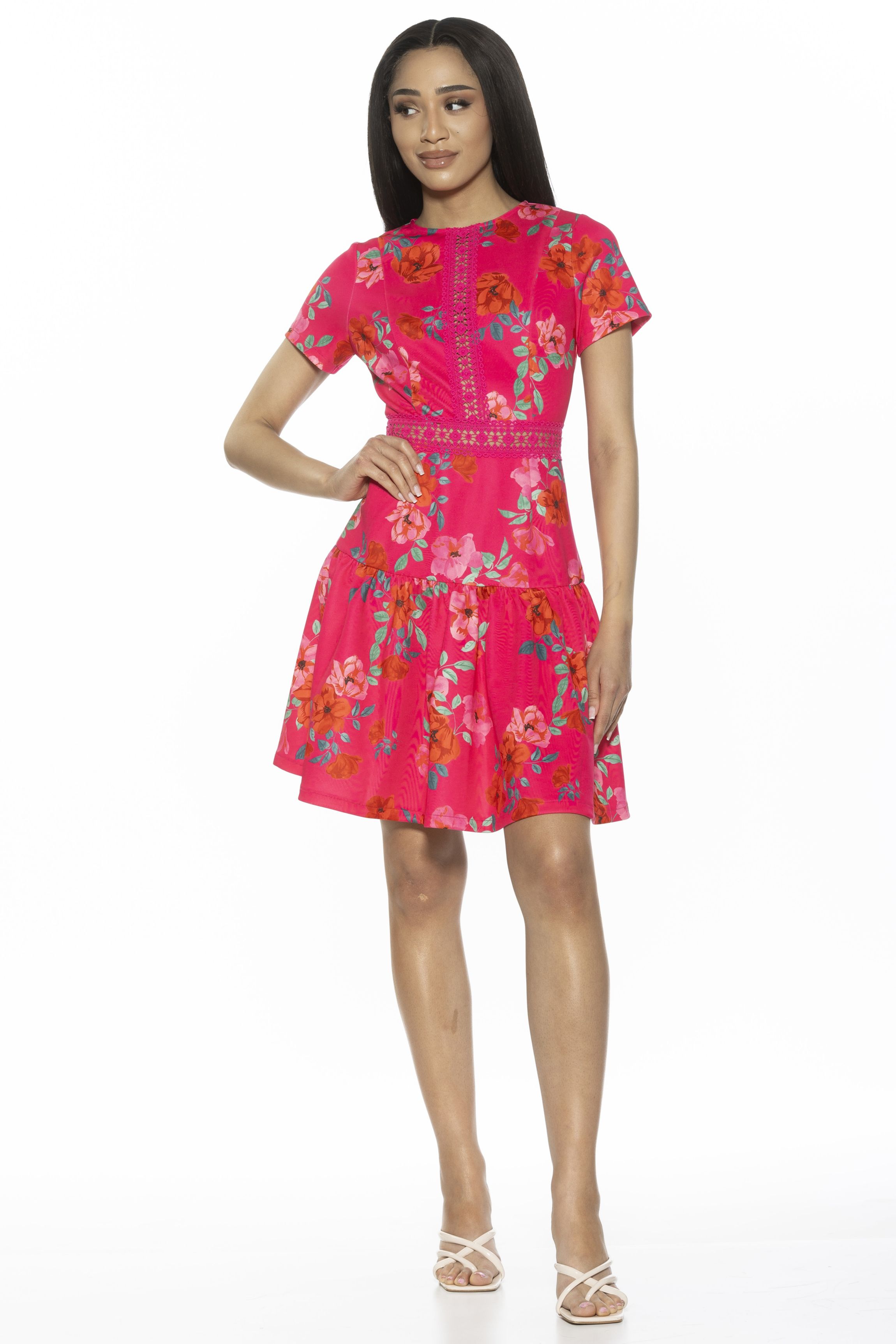 Alexia Admor Women's Alexa Lace Trim Floral Print Dress, Beige, 2