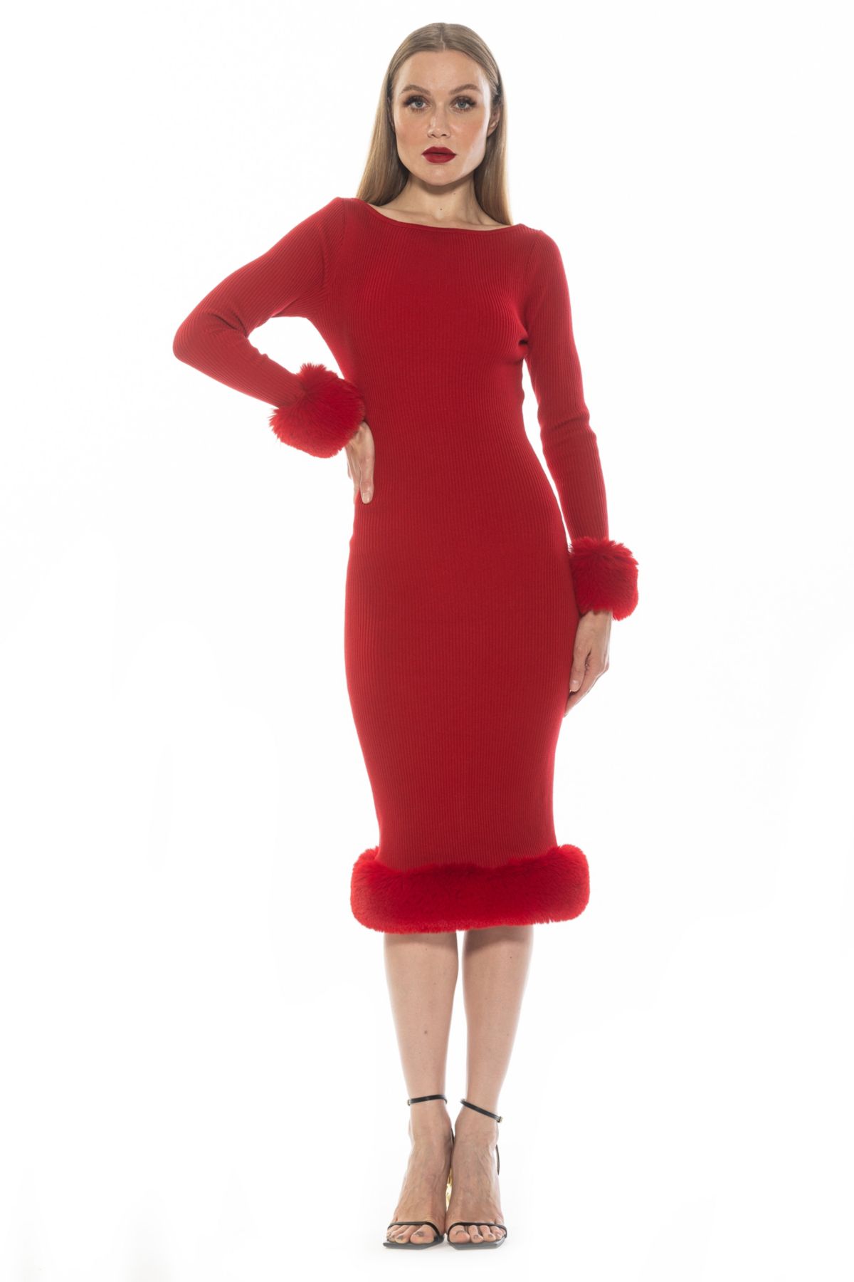 Selena Boatneck Knit Dress With Faux Fur