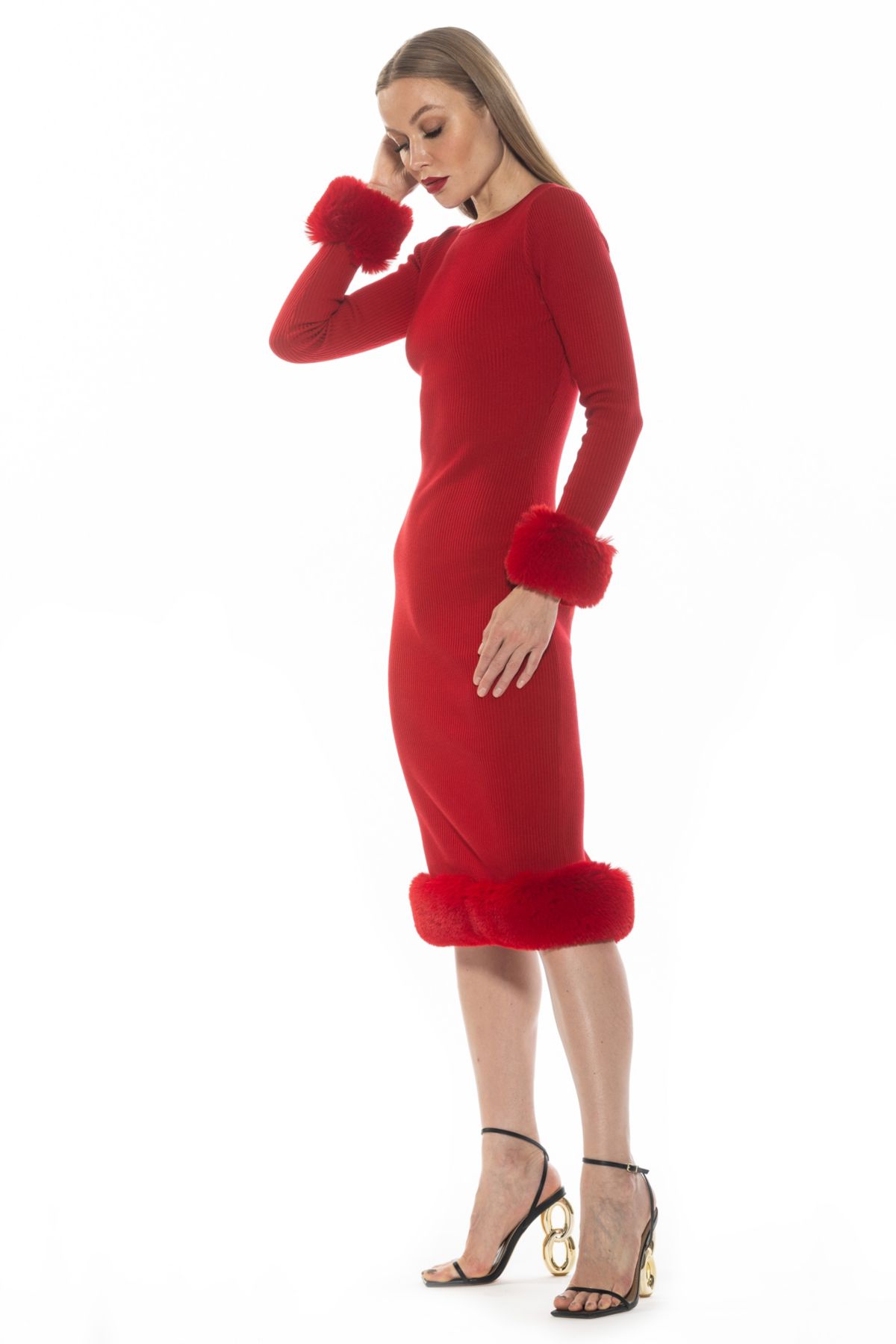 Selena Boatneck Knit Dress With Faux Fur