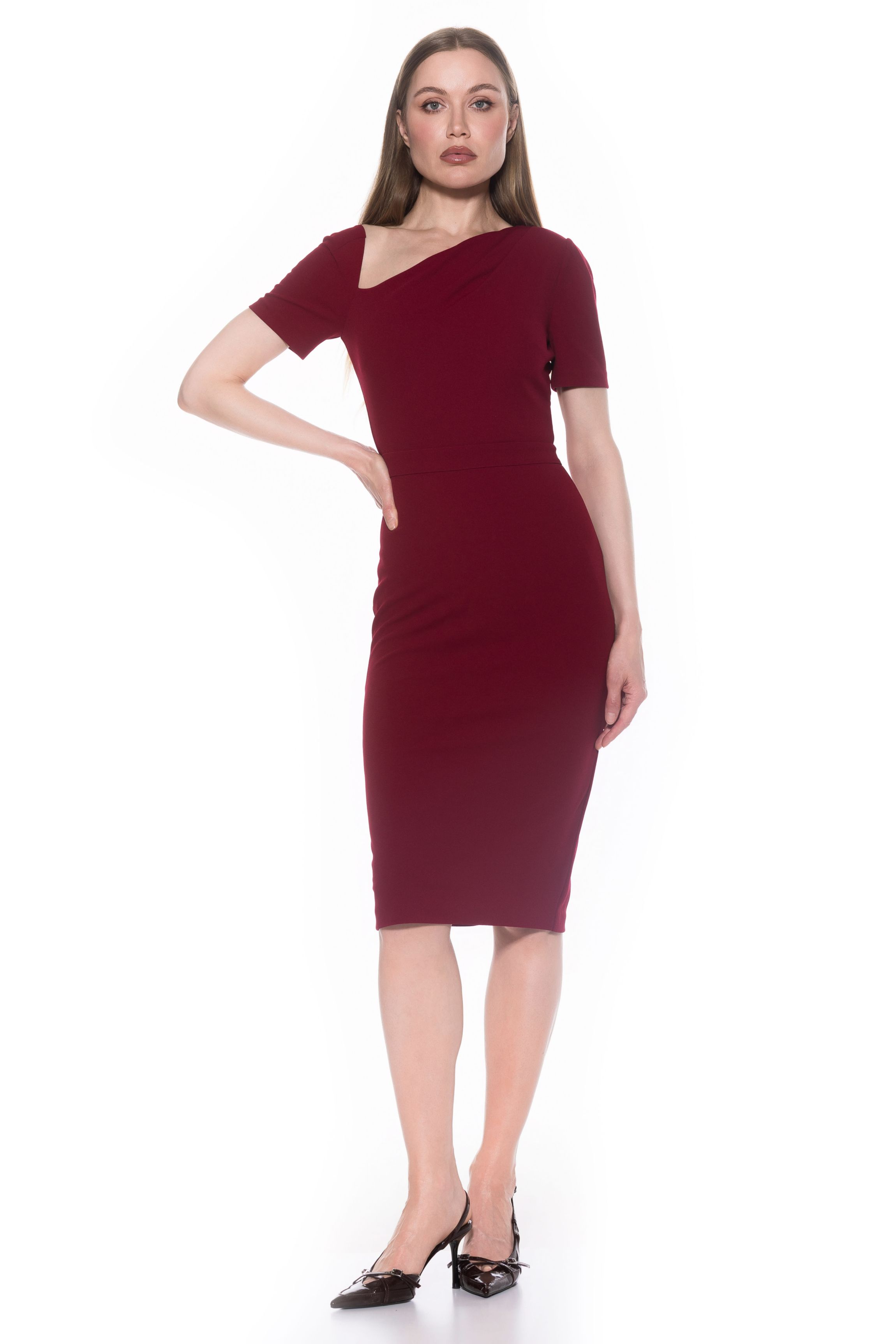 open lace back dress Betsy & Adam Women's One-Shoulder Satin Sheath Gown - Red