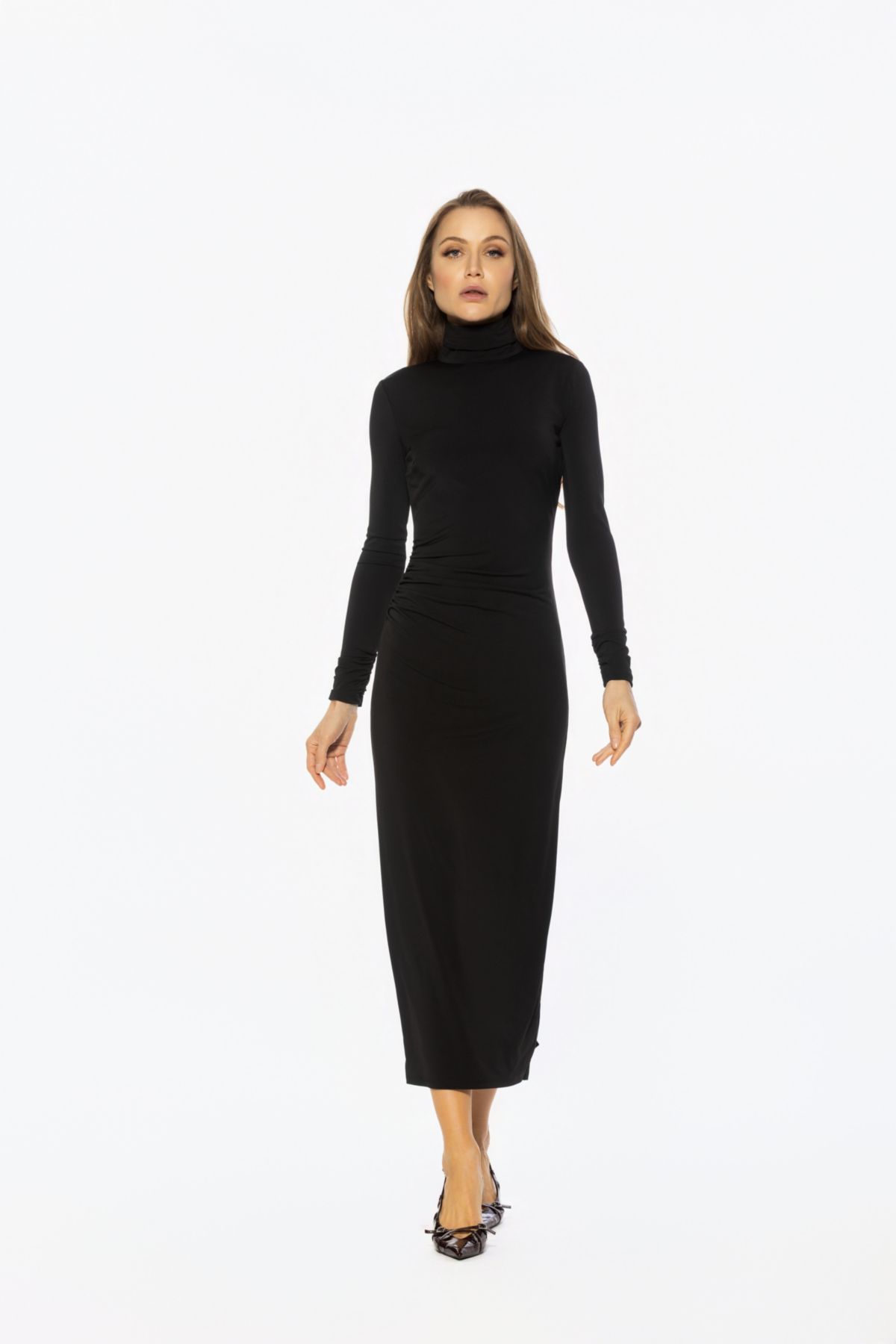 Veda Mockneck Side Ruch Long Dress