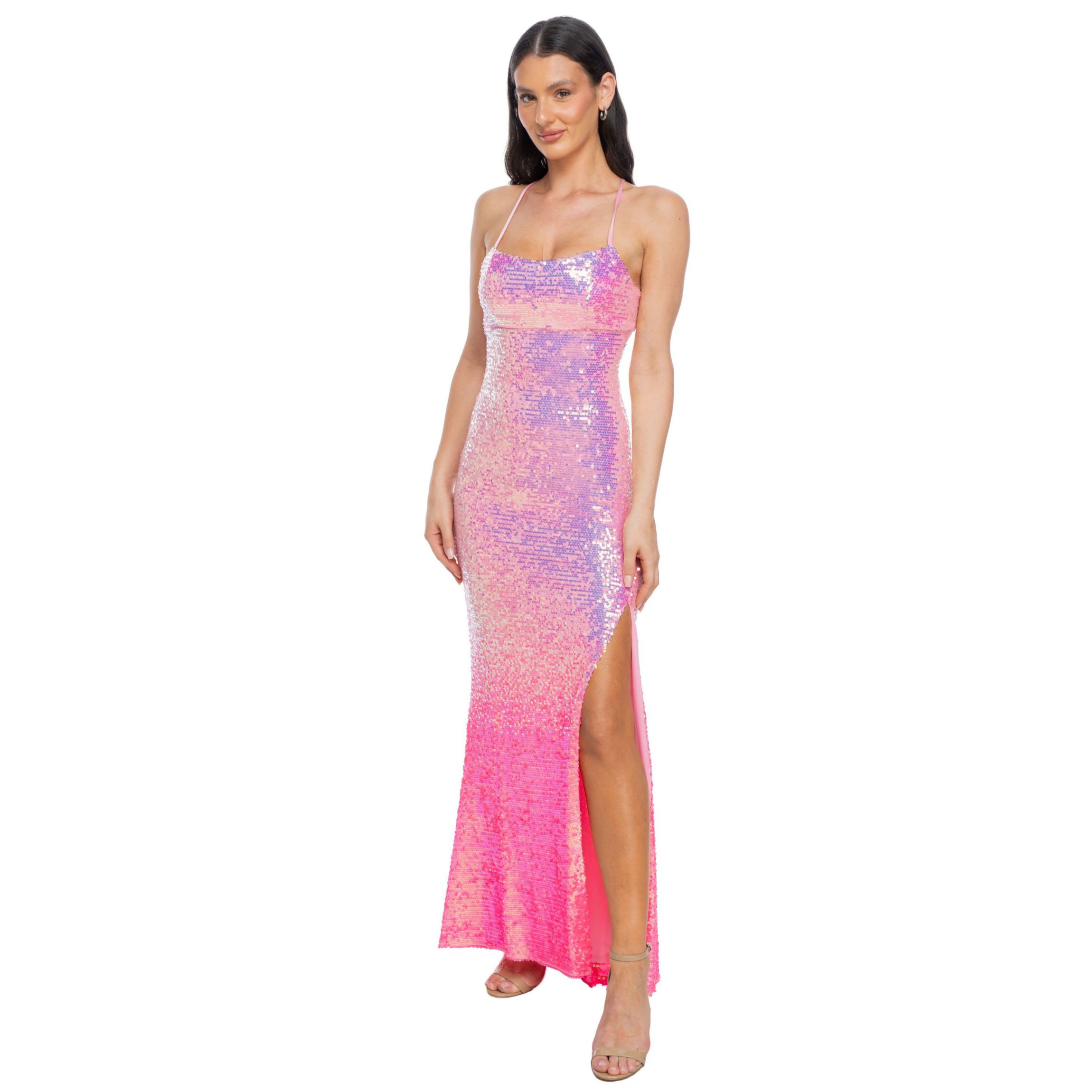 Jump Apparel Women's Sequin Lace Up Back gown, Pink, 8