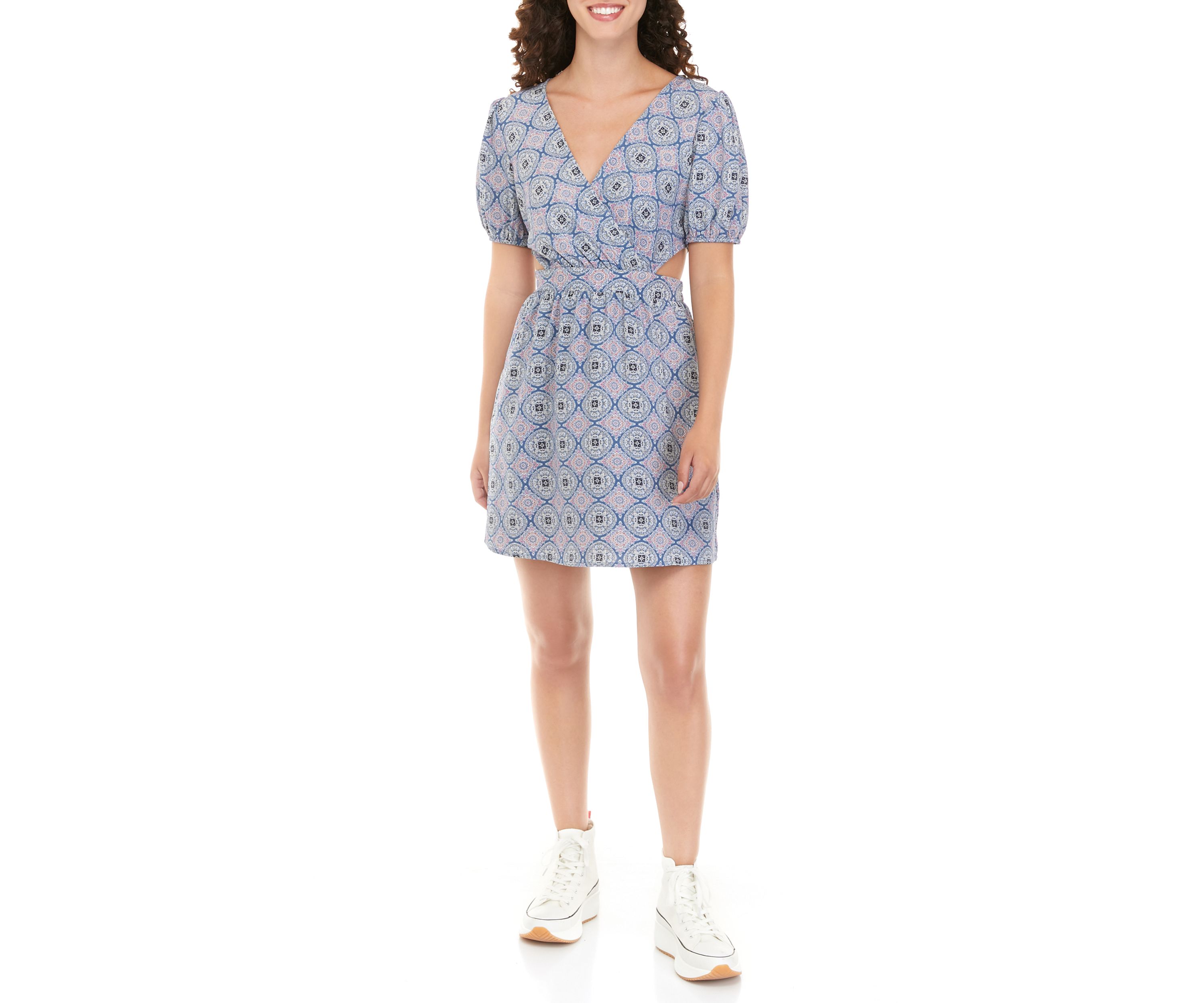 Juniors Puff Sleeve Printed V-Neck Dress