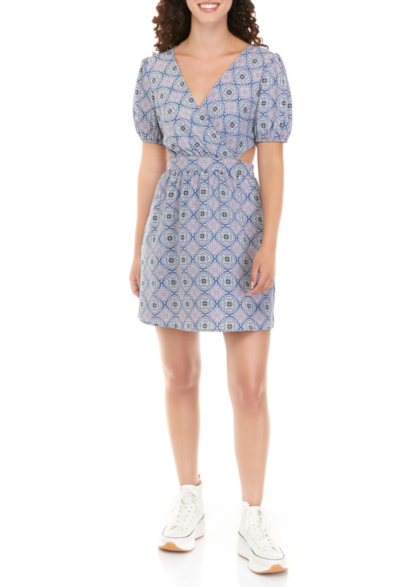 Juniors Puff Sleeve Printed V-Neck Dress
