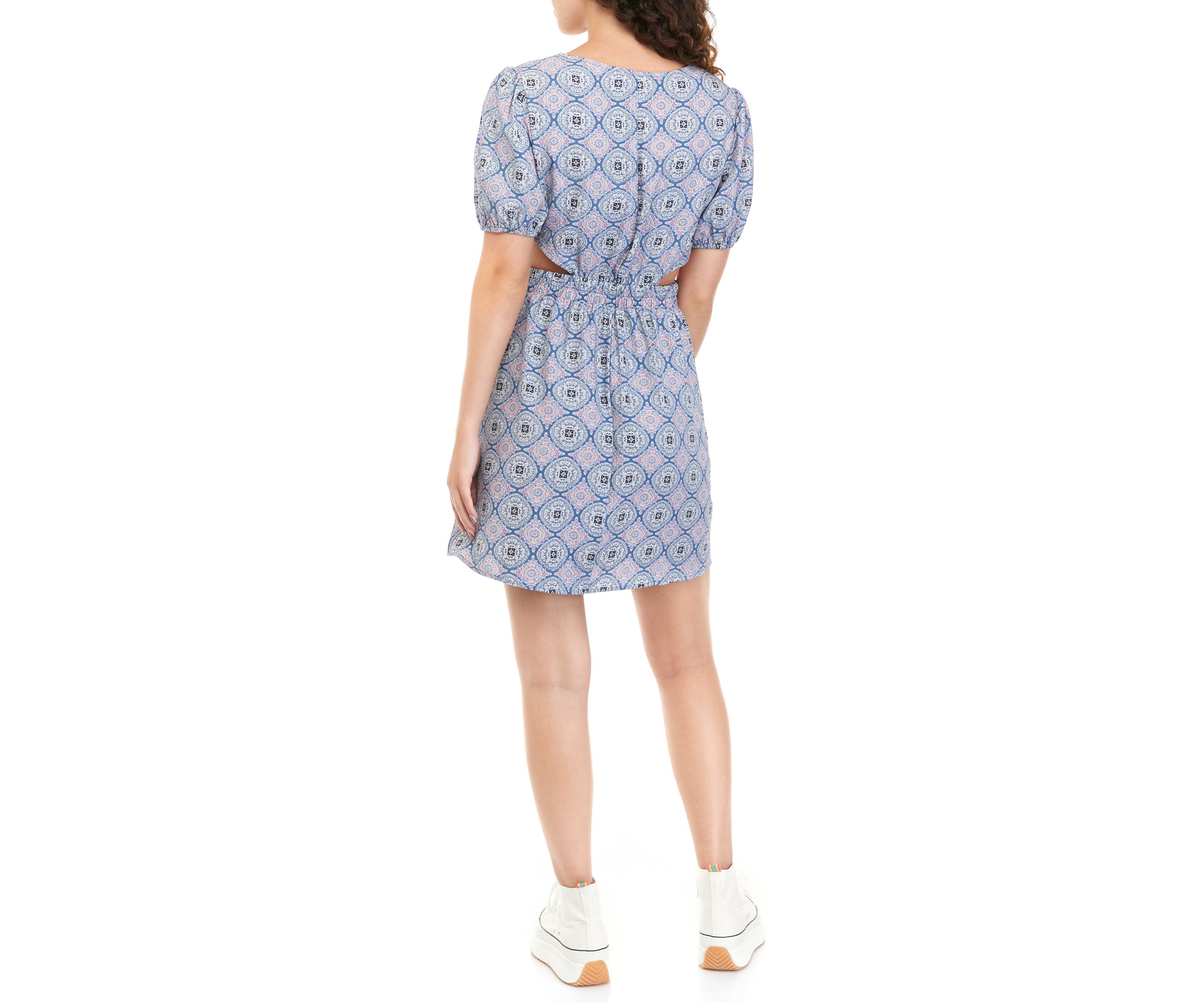 Juniors Puff Sleeve Printed V-Neck Dress