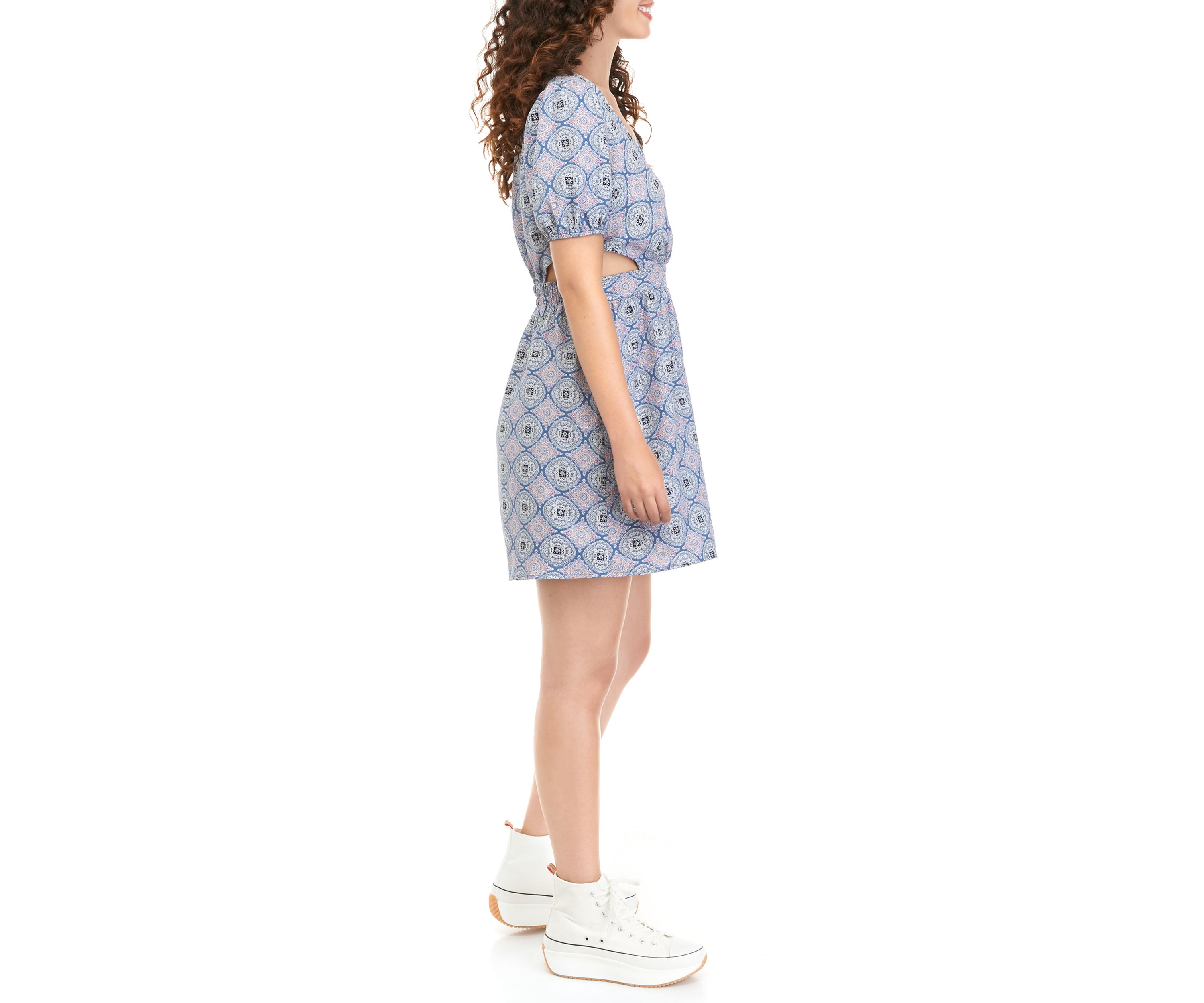 Juniors Puff Sleeve Printed V-Neck Dress