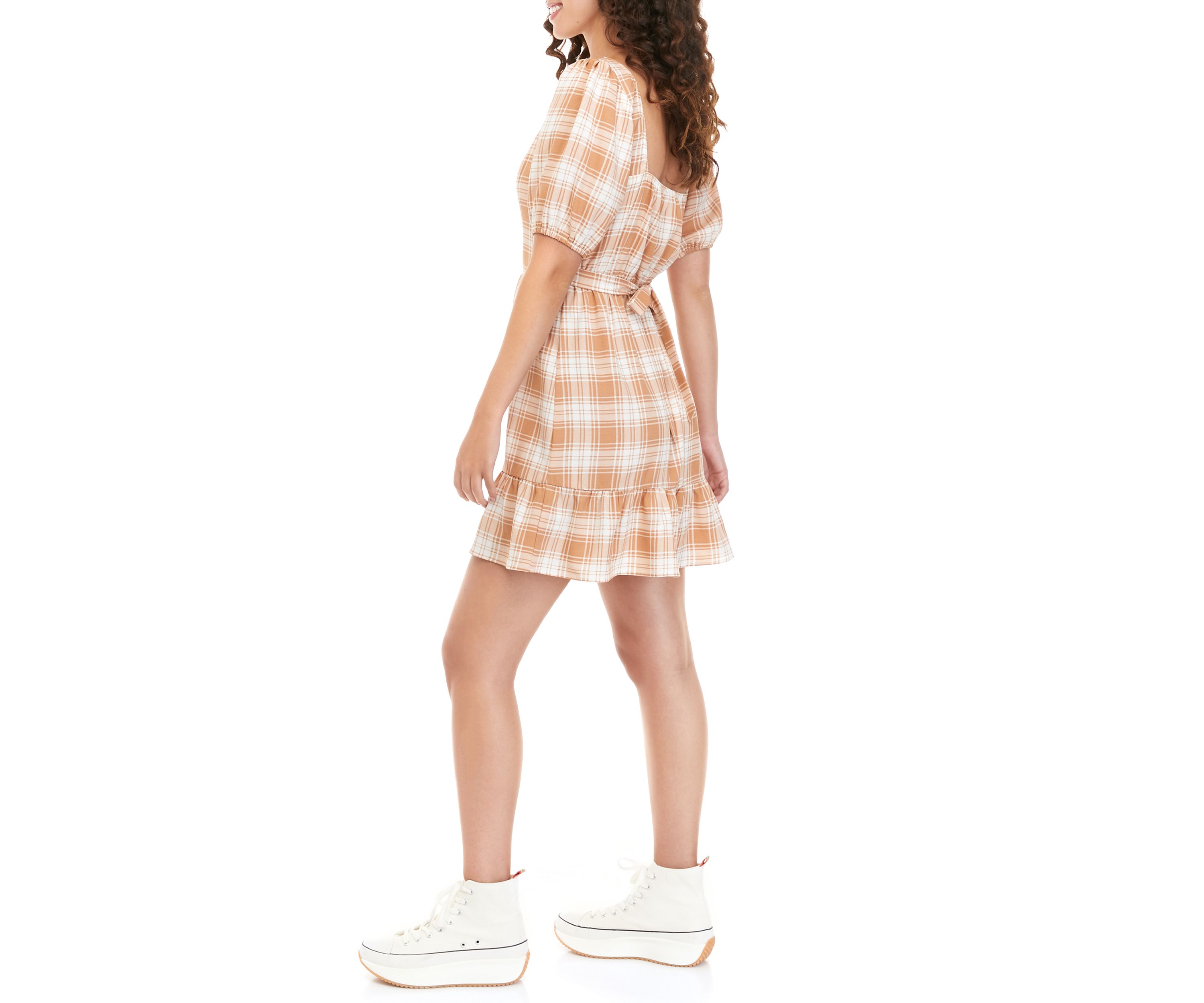 Juniors Puff Sleeve Plaid Smocked Dress