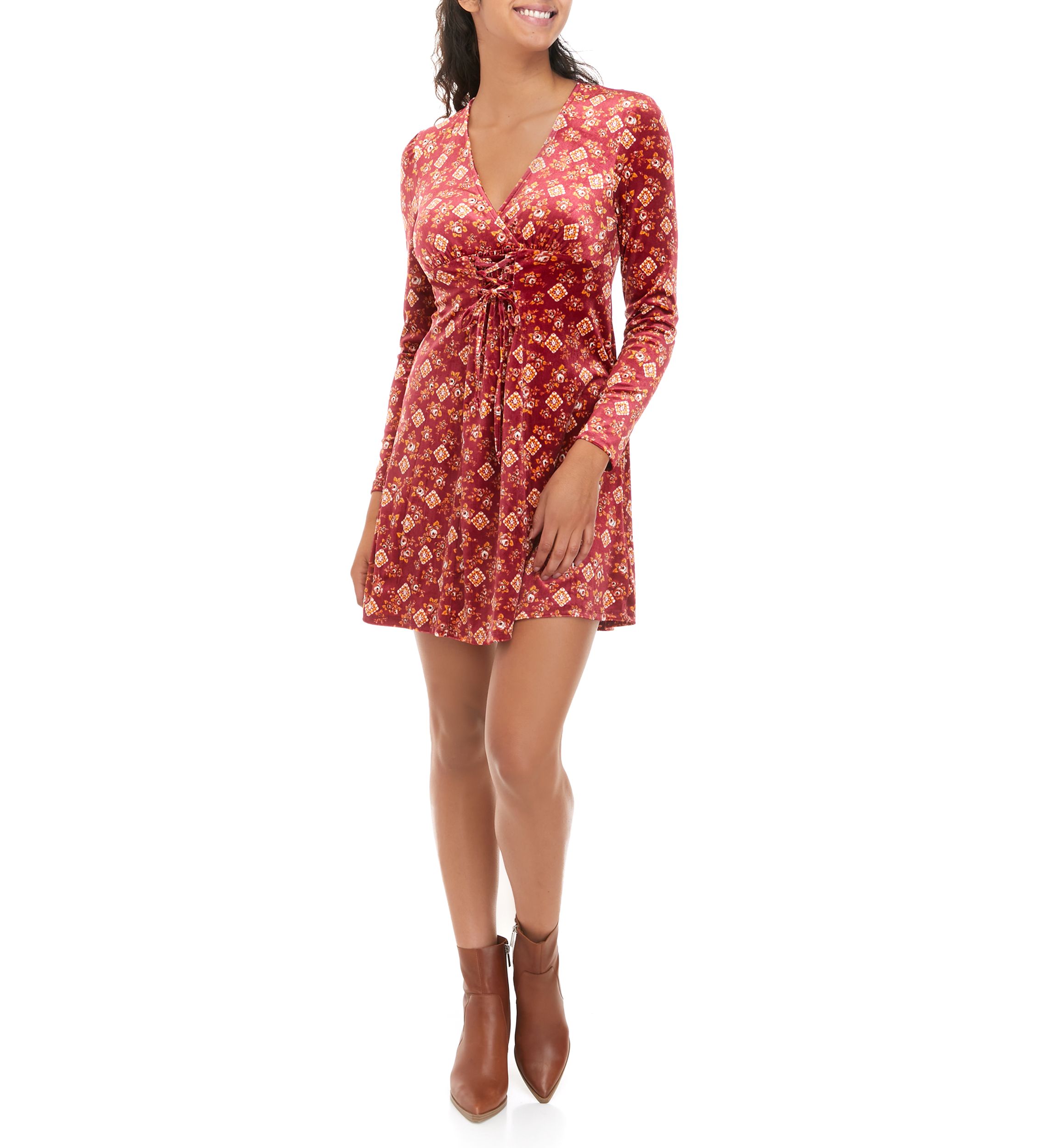 Juniors Long Sleeve Velvet Lace Up Fit and Flare Dress