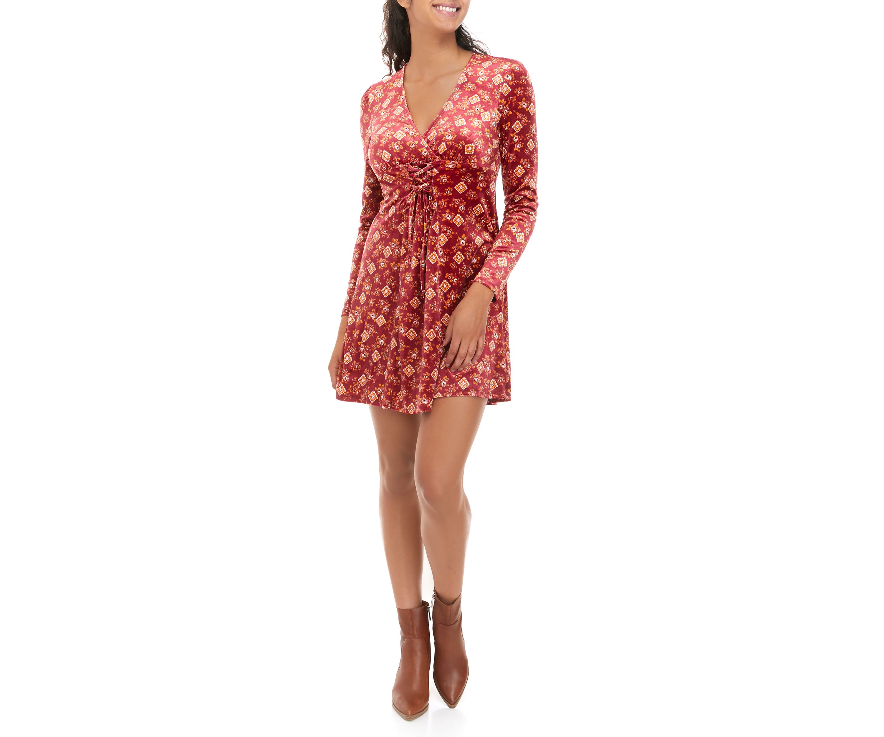 Juniors Long Sleeve Velvet Lace Up Fit and Flare Dress