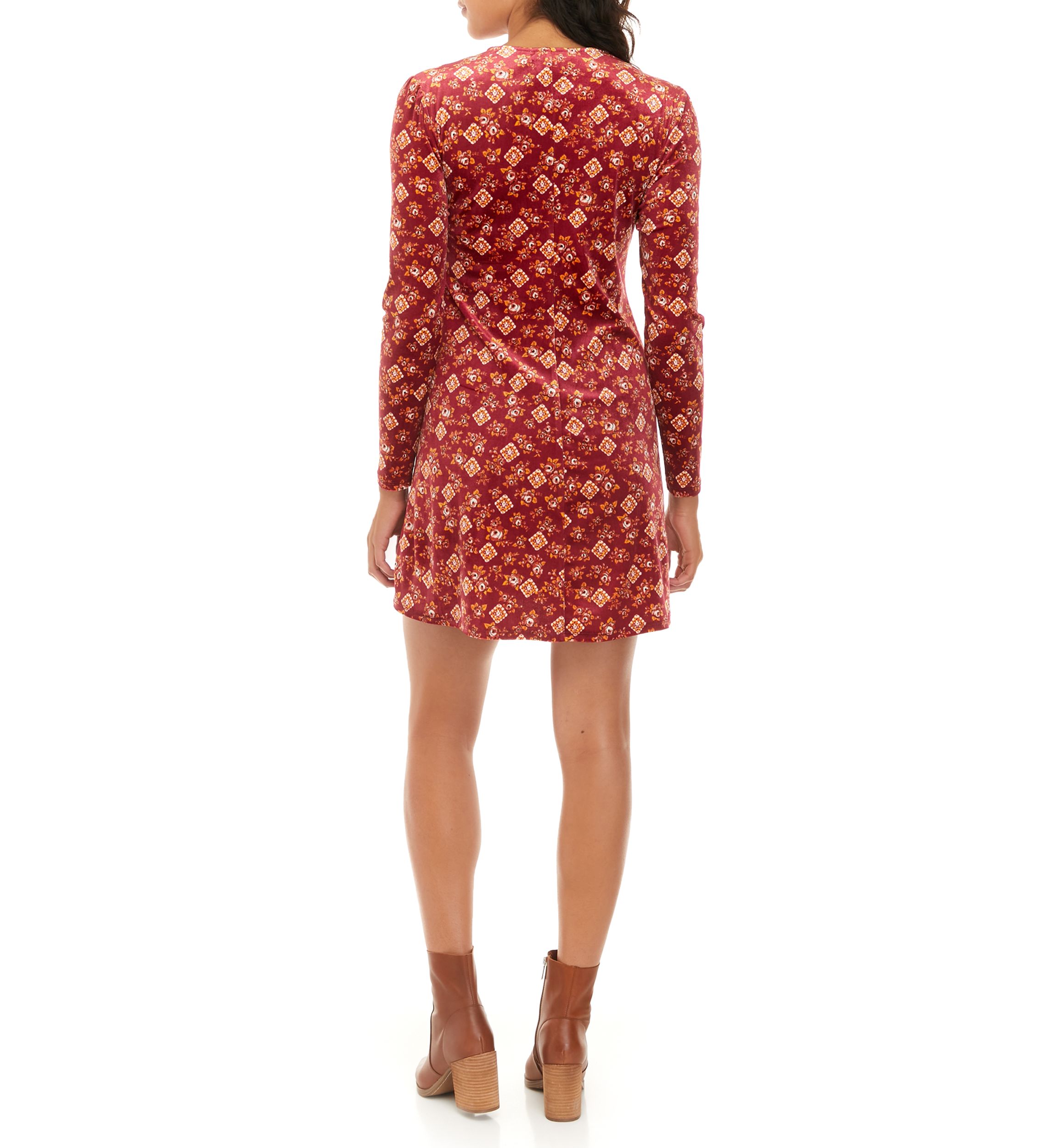 Juniors Long Sleeve Velvet Lace Up Fit and Flare Dress