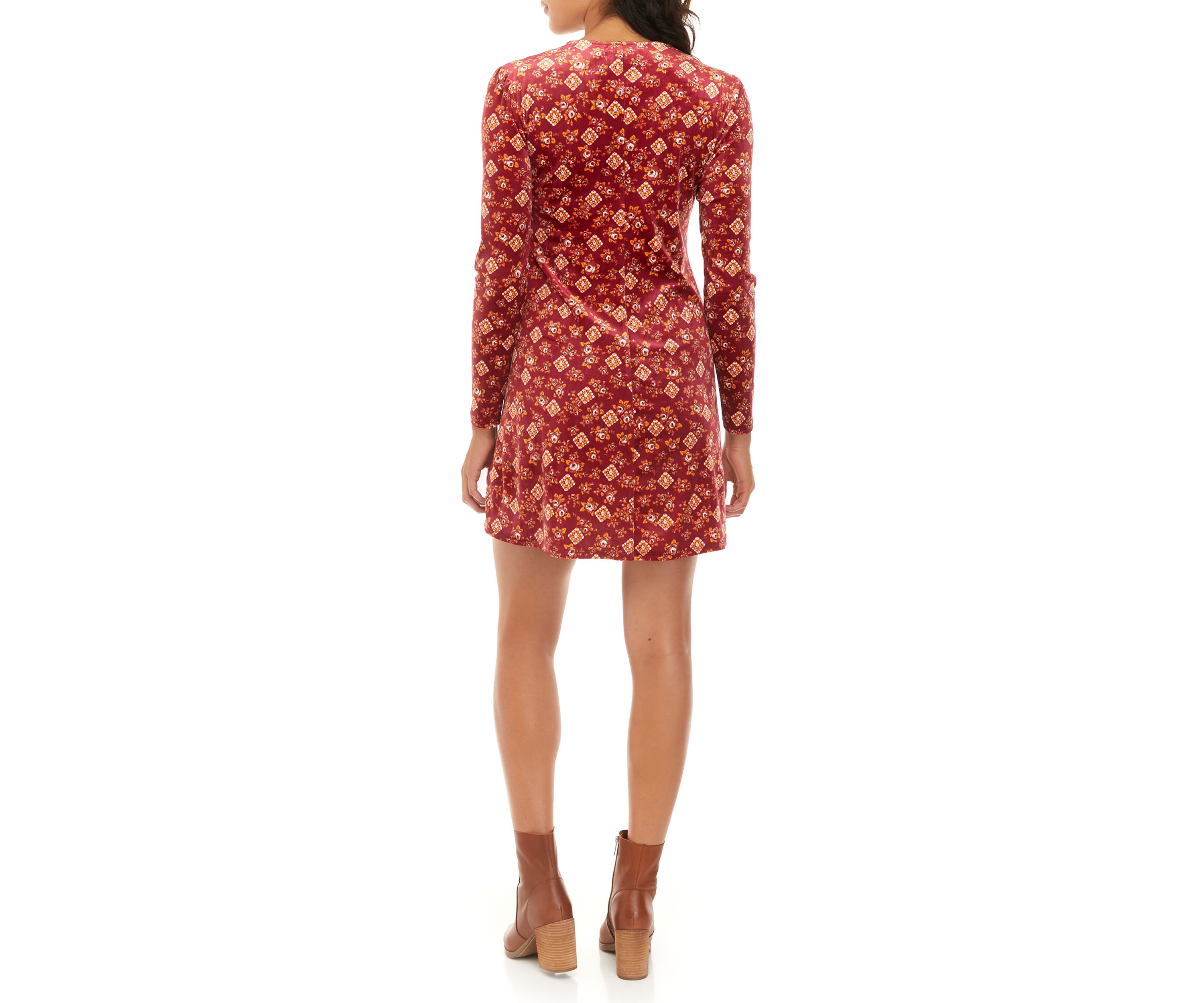 Juniors Long Sleeve Velvet Lace Up Fit and Flare Dress