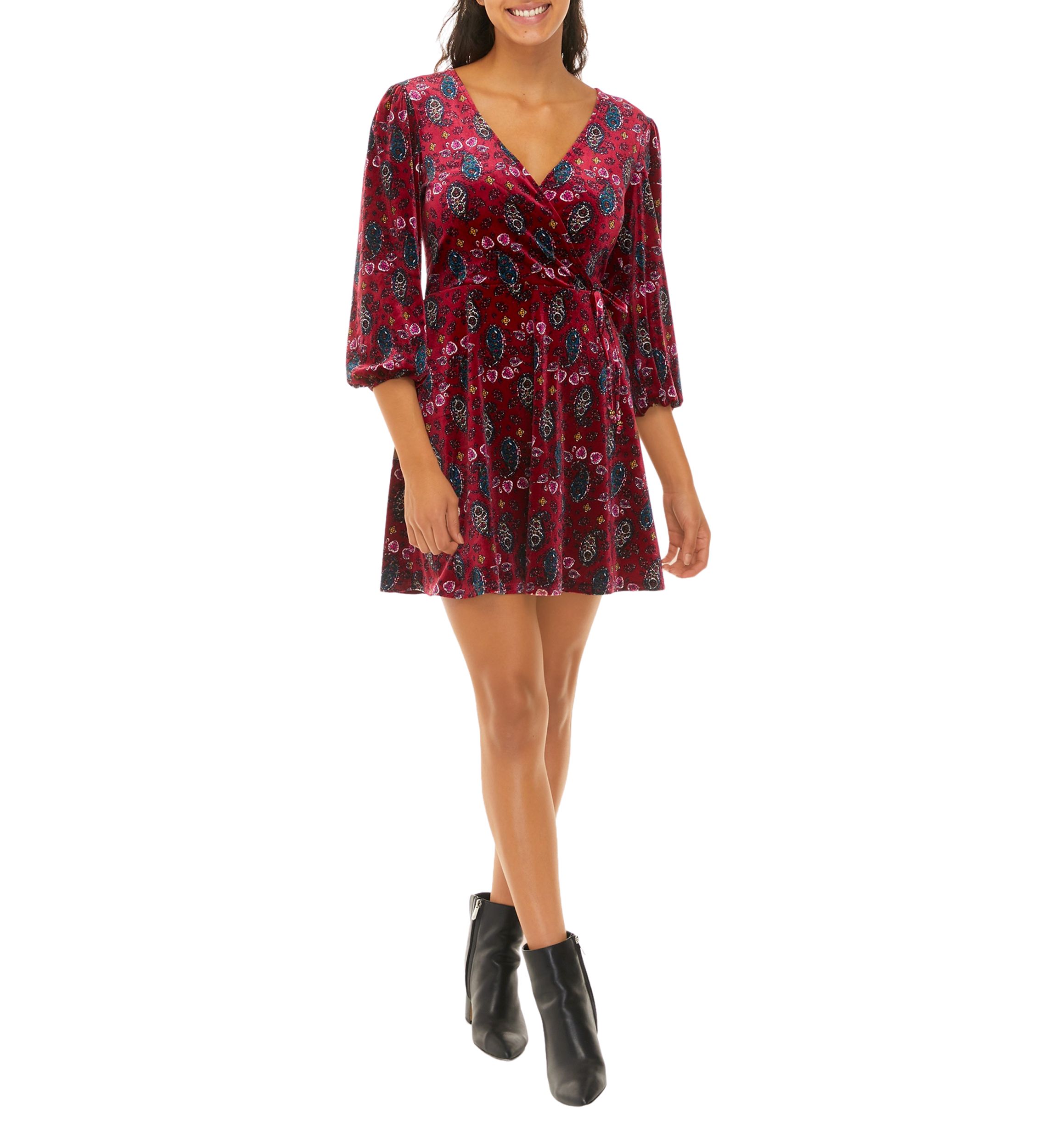 Juniors 3/4 Sleeve Velvet Surplice Dress