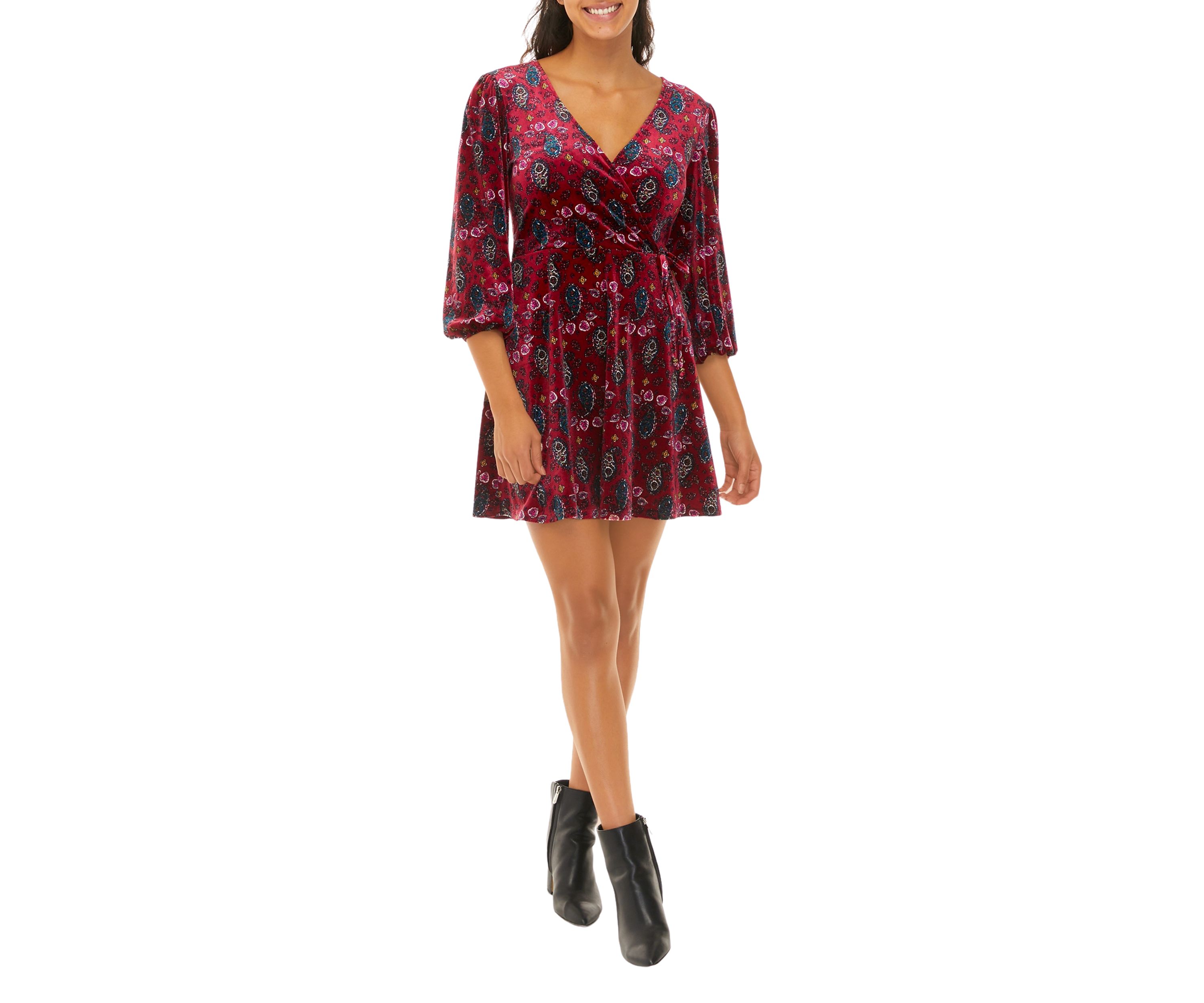 Juniors 3/4 Sleeve Velvet Surplice Dress