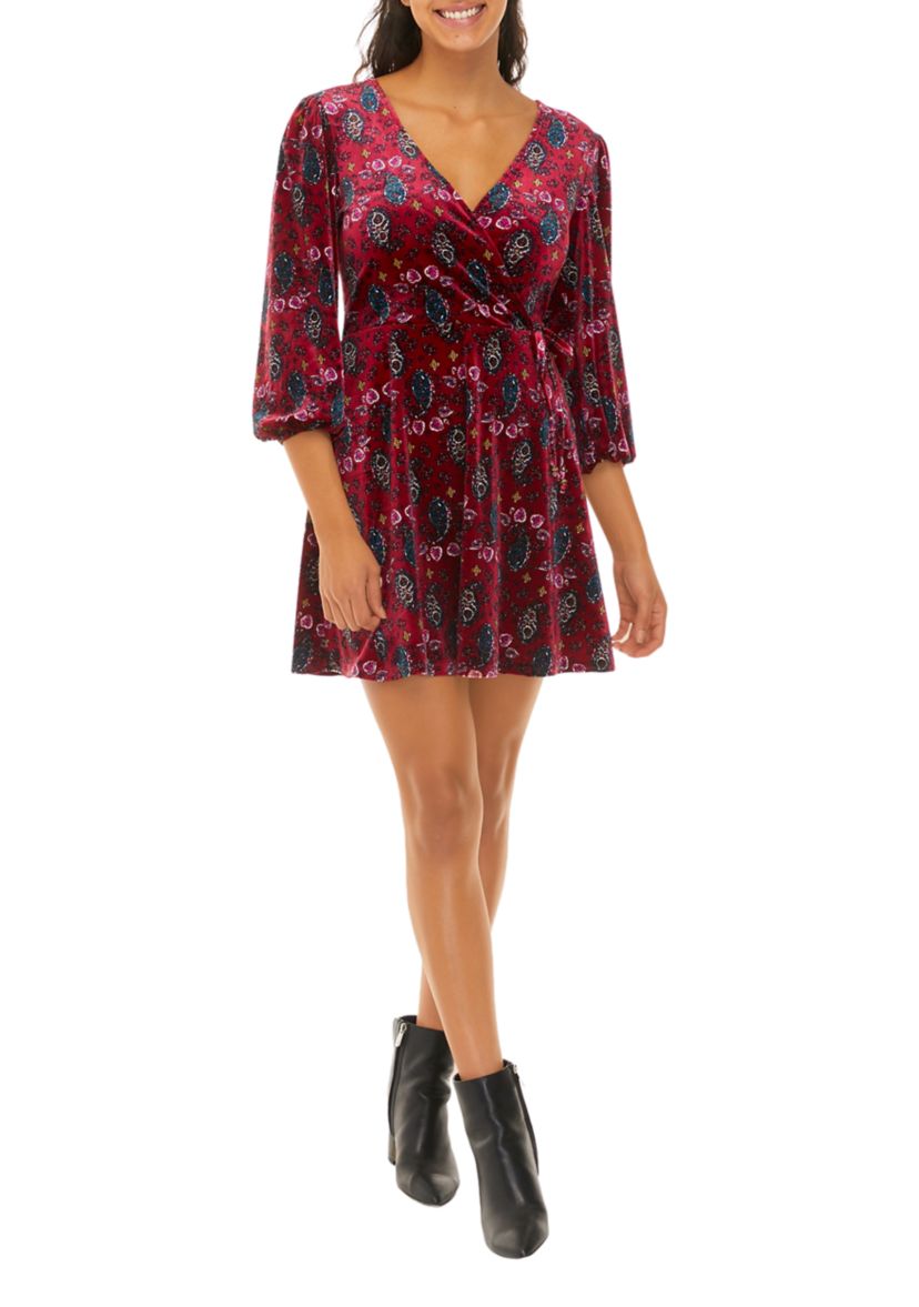 Juniors 3/4 Sleeve Velvet Surplice Dress