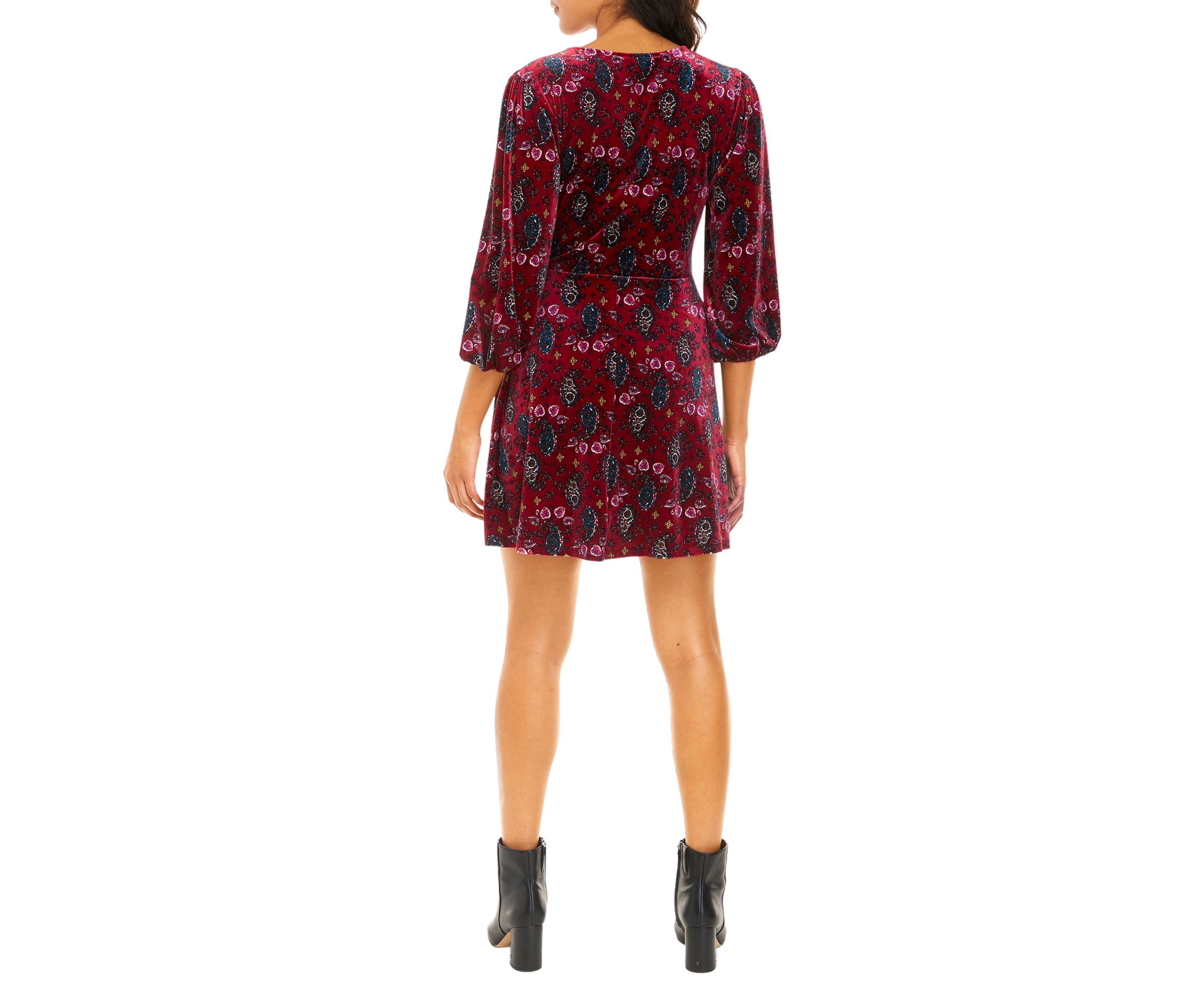 Juniors 3/4 Sleeve Velvet Surplice Dress