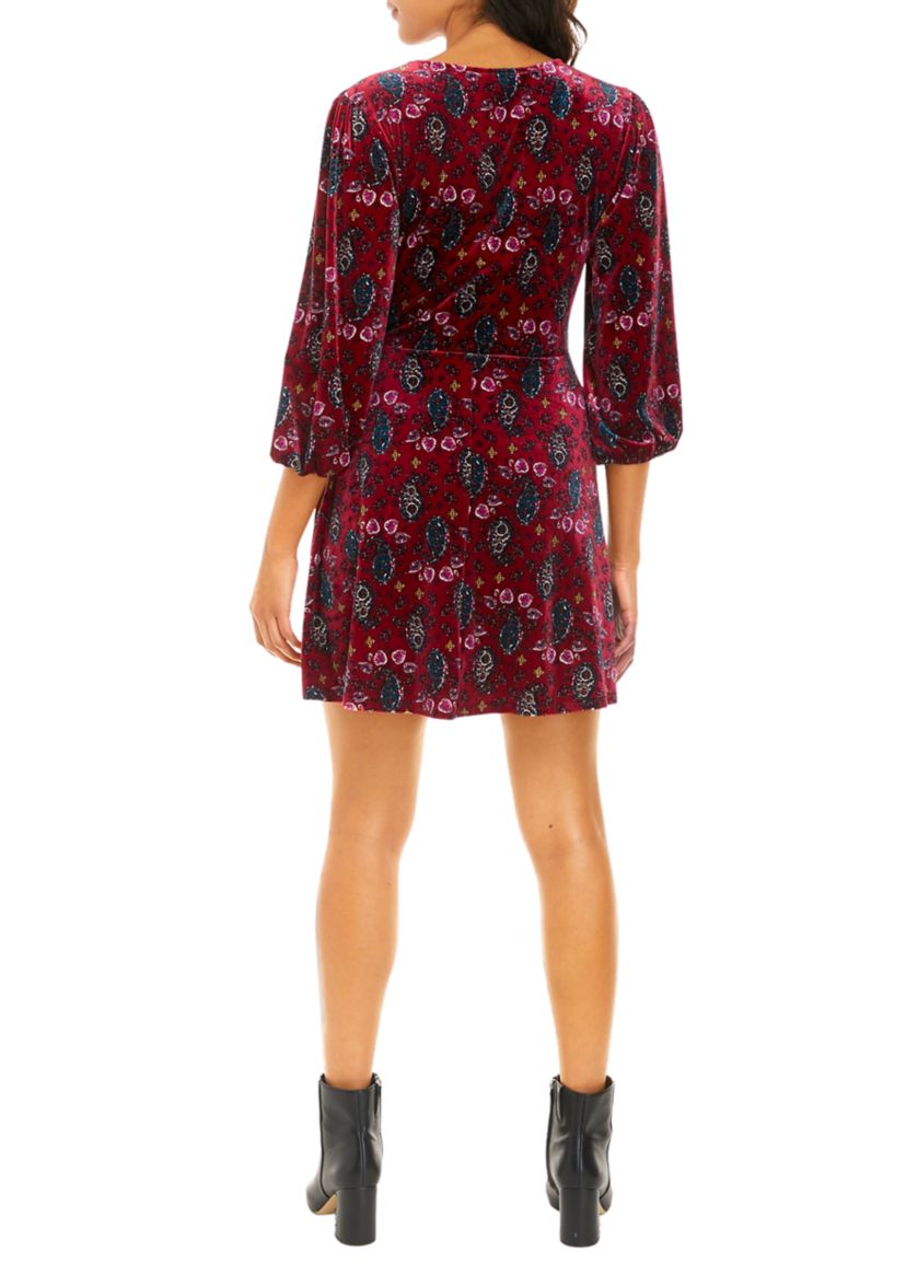 Juniors 3/4 Sleeve Velvet Surplice Dress