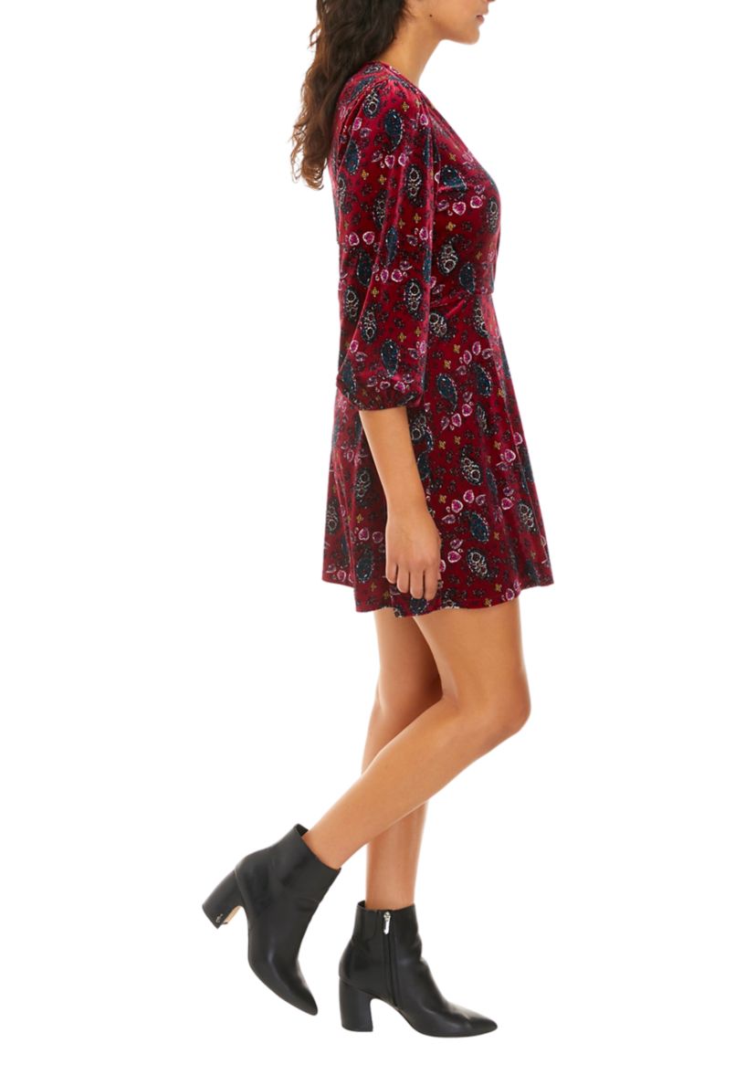 Juniors 3/4 Sleeve Velvet Surplice Dress