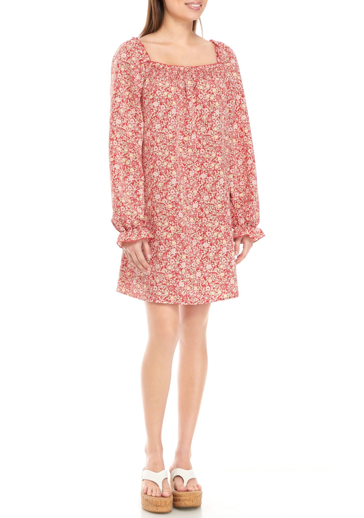 Juniors Long Sleeve Smocked Square Neck Dress