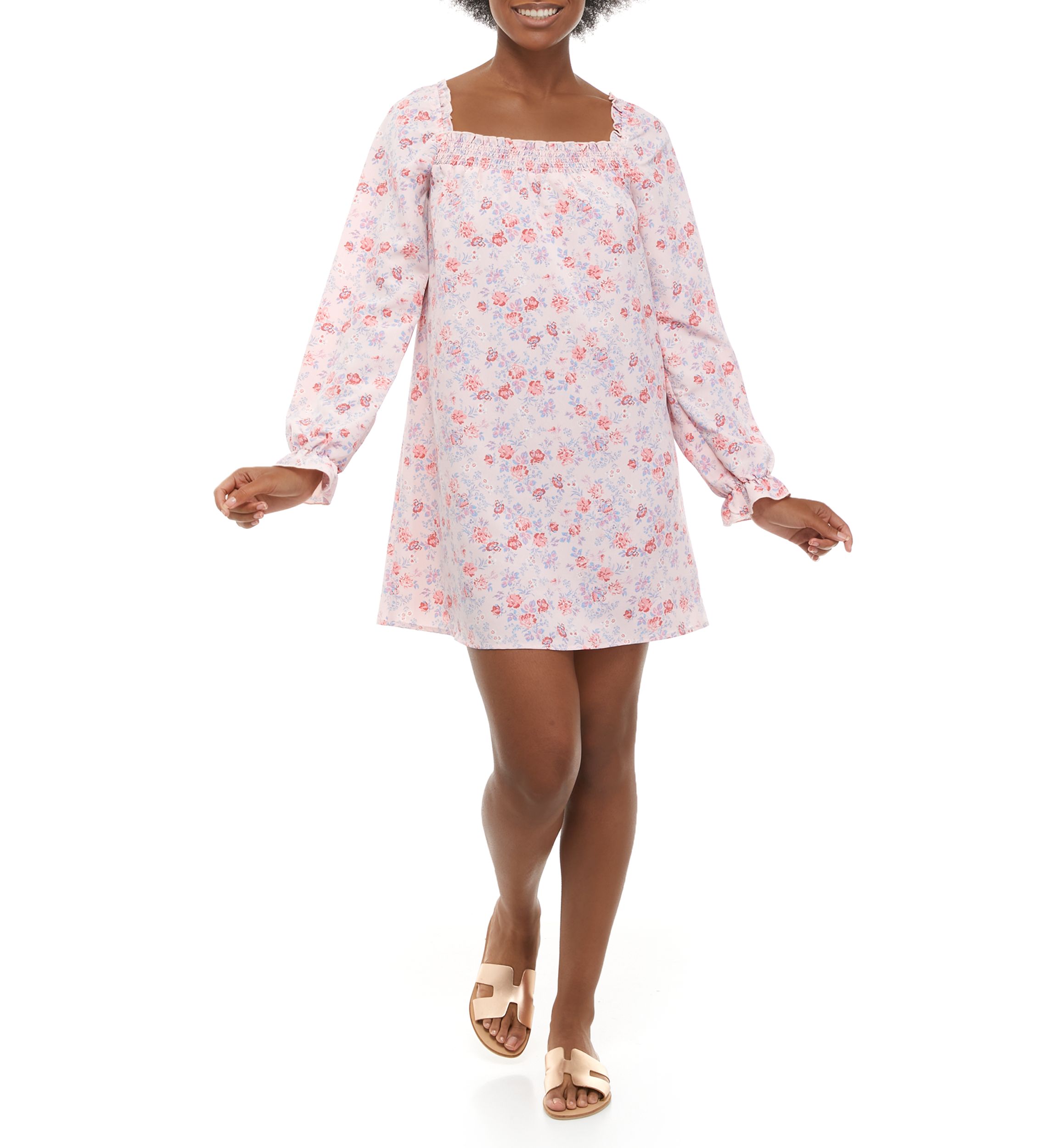 Juniors Long Sleeve Smocked Square Neck Dress 