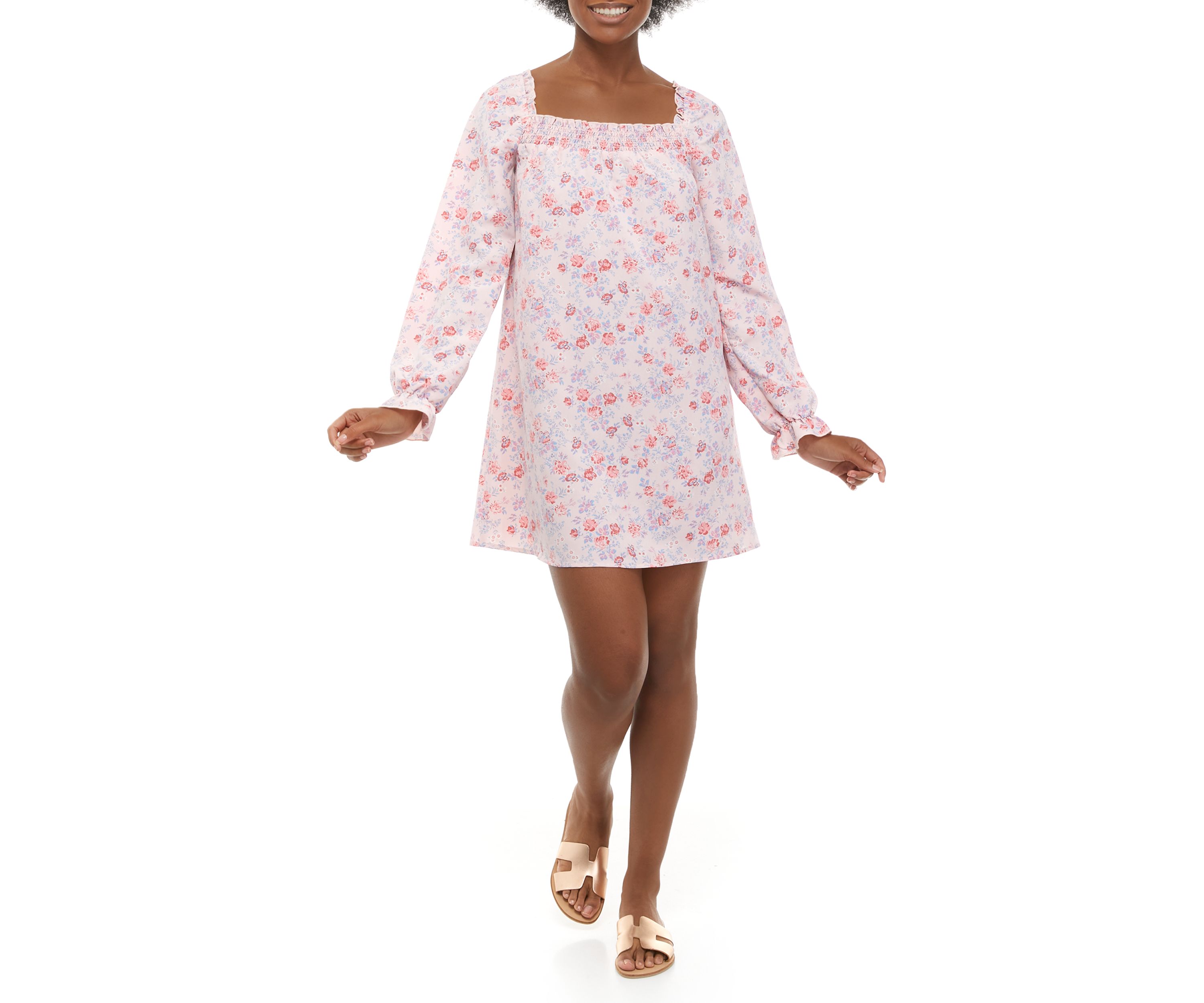 Juniors Long Sleeve Smocked Square Neck Dress 