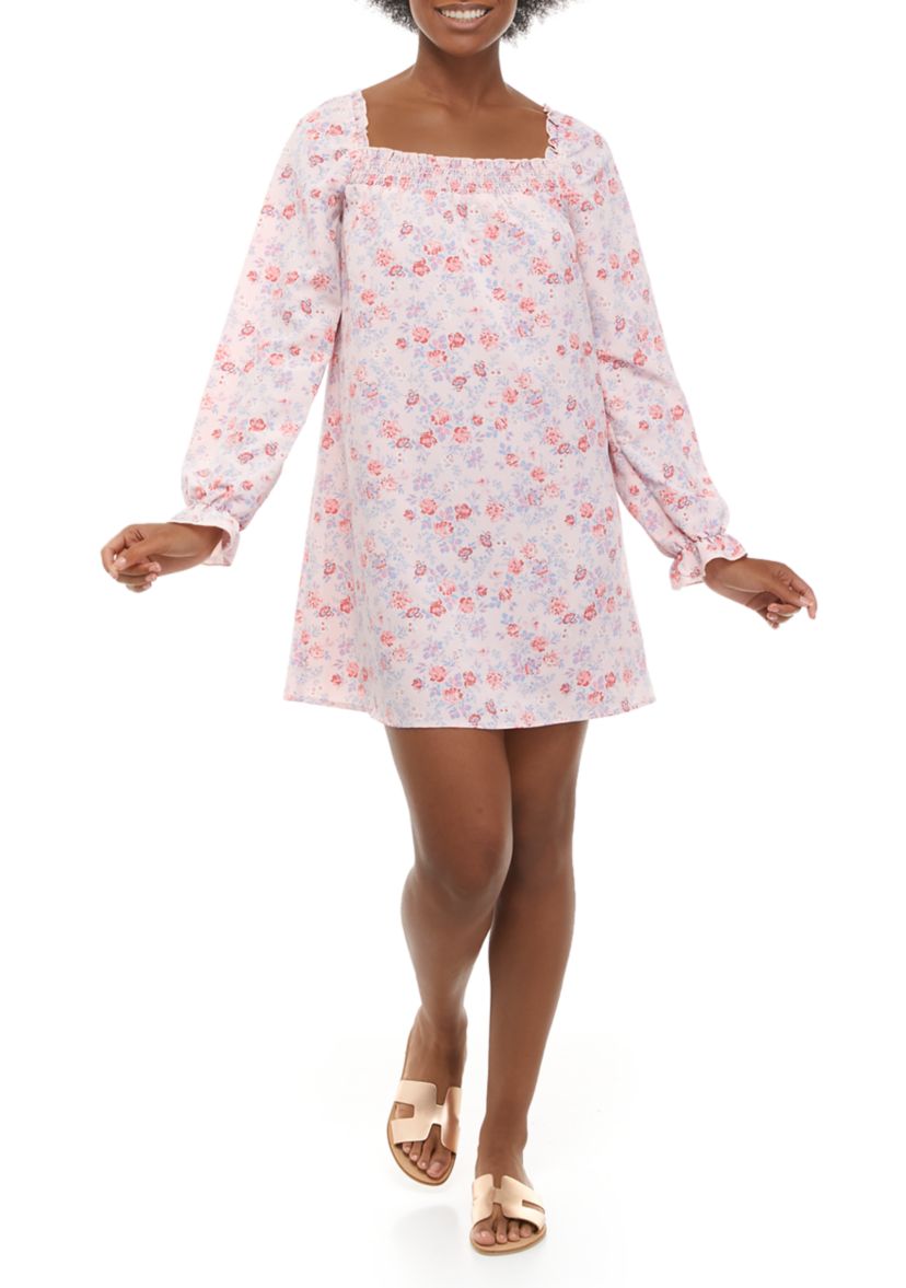 Juniors Long Sleeve Smocked Square Neck Dress 