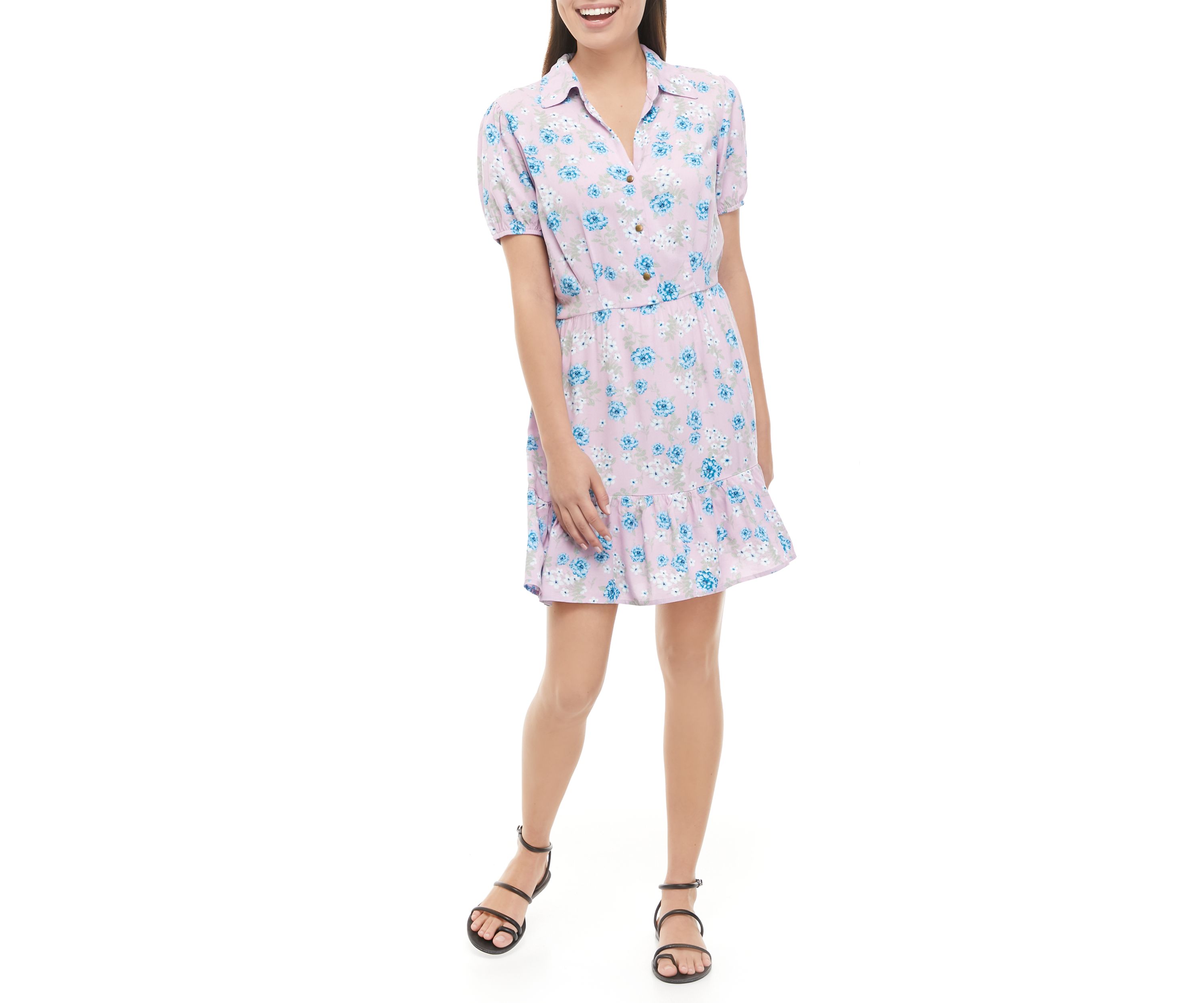 Juniors Puff Sleeve Floral Button Front Dress