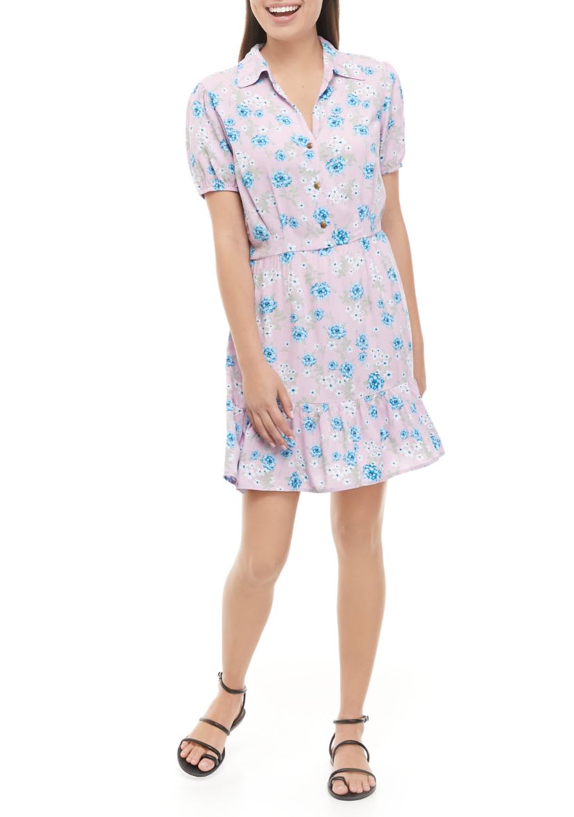 Juniors Puff Sleeve Floral Button Front Dress