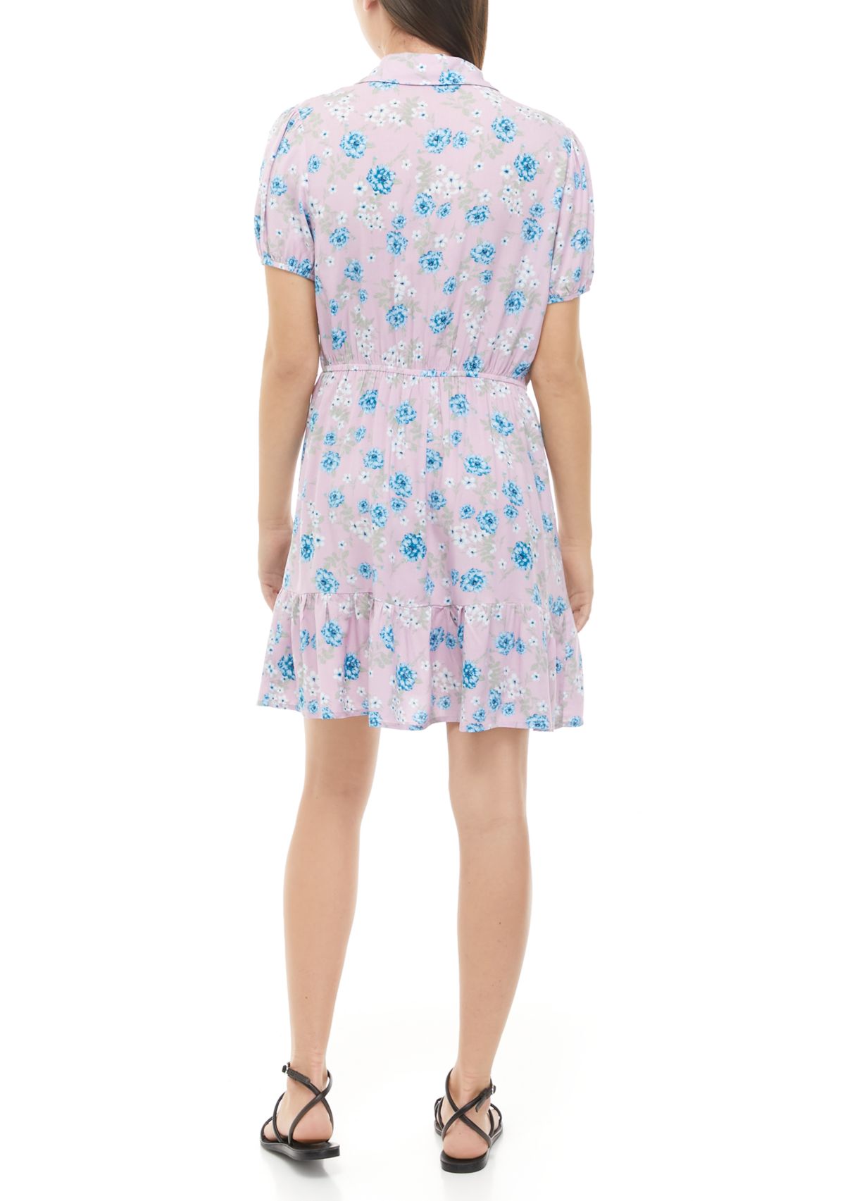 Juniors Puff Sleeve Floral Button Front Dress