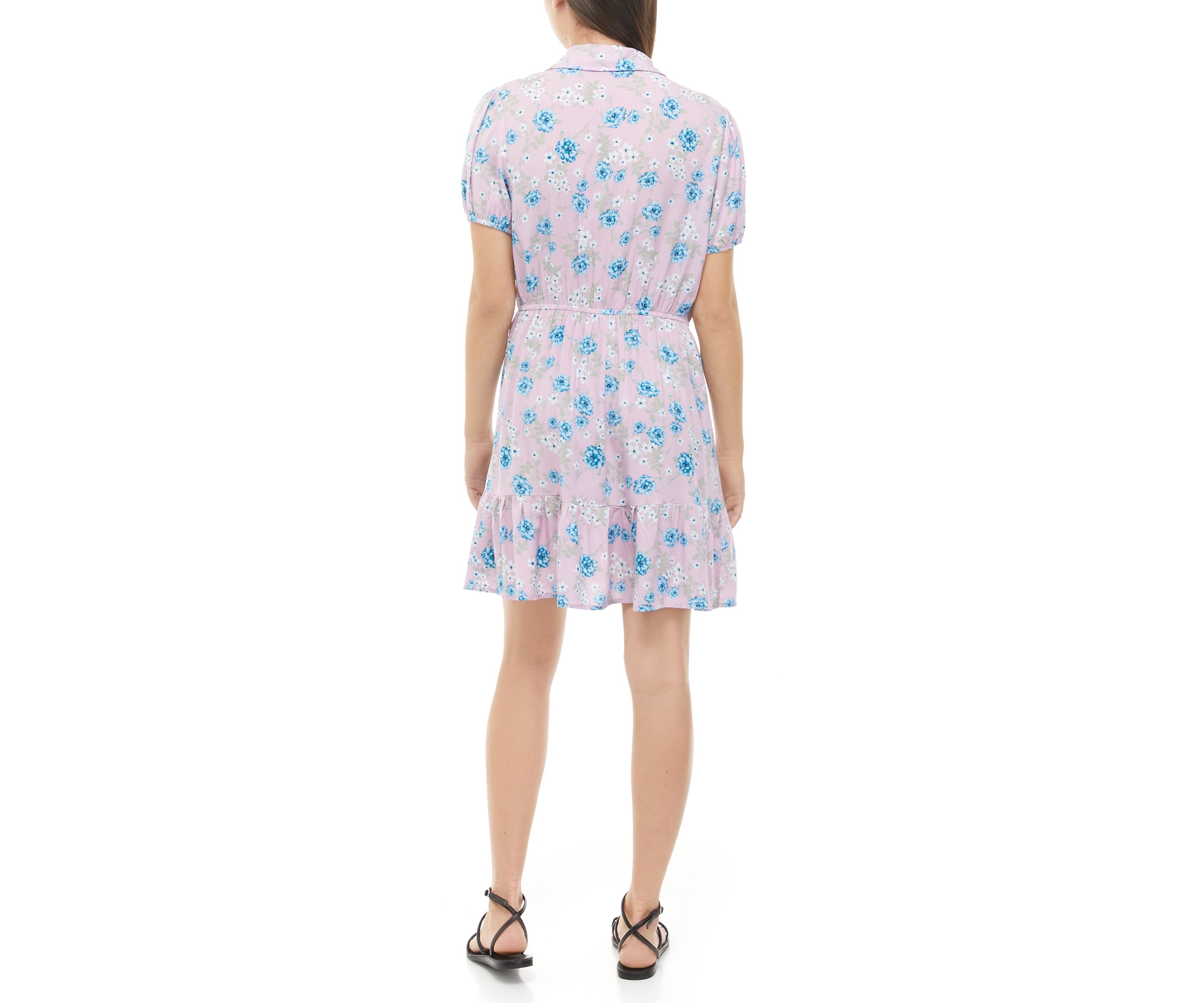 Juniors Puff Sleeve Floral Button Front Dress