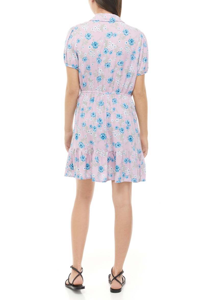 Juniors Puff Sleeve Floral Button Front Dress