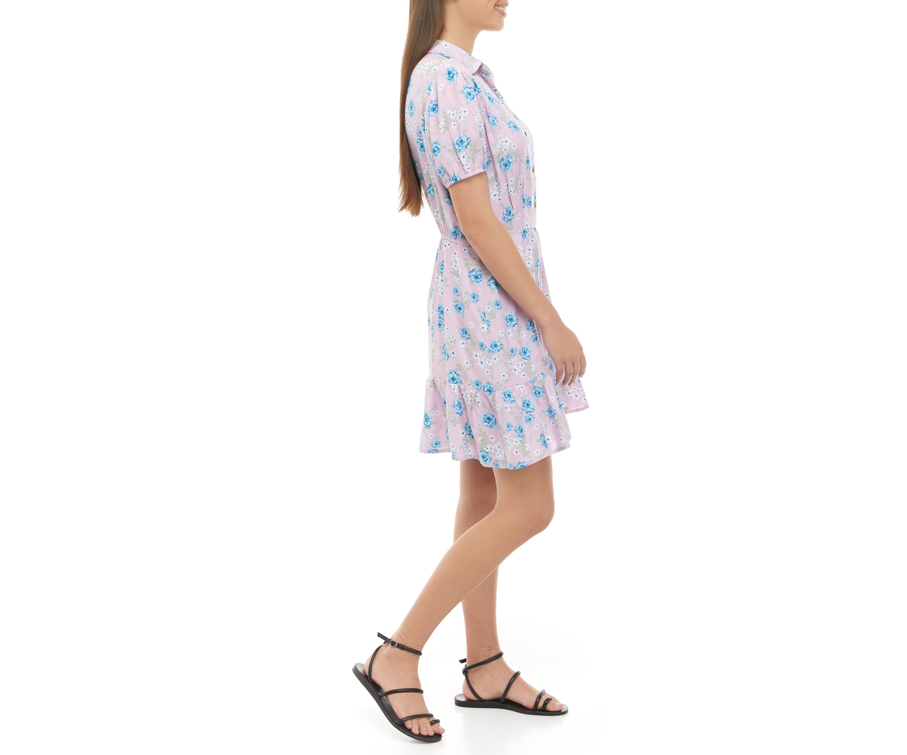 Juniors Puff Sleeve Floral Button Front Dress