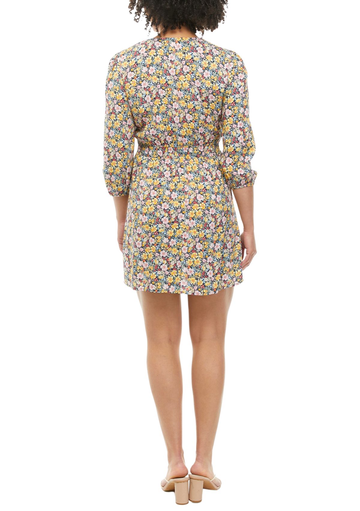 Juniors 3/4 Sleeve Tie Front Smocked Waist Dress 