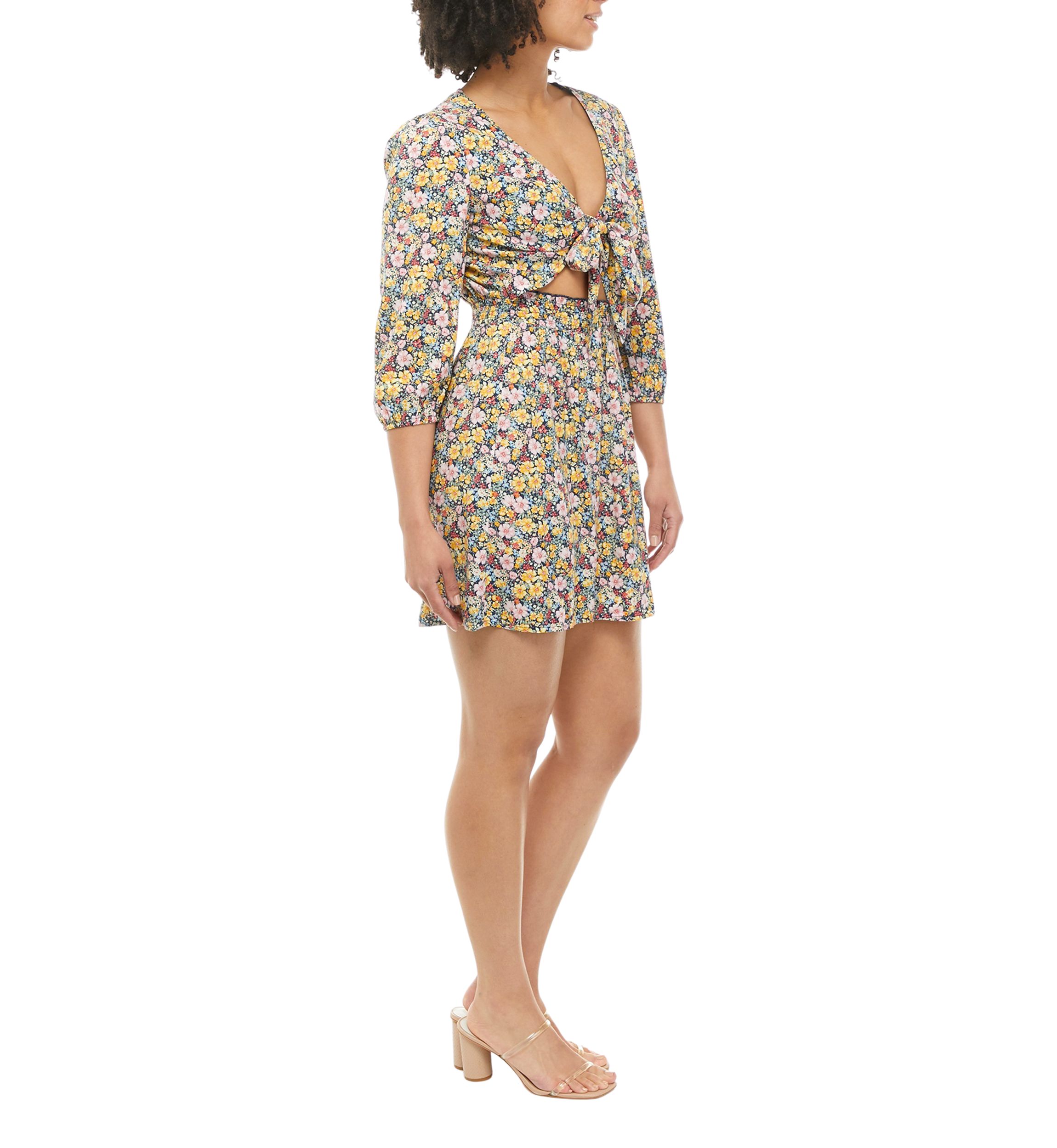 Juniors 3/4 Sleeve Tie Front Smocked Waist Dress 