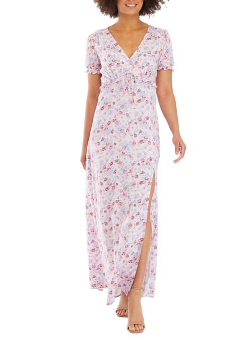 BeBop Juniors Puff Sleeve Floral V-Neck Maxi Dress