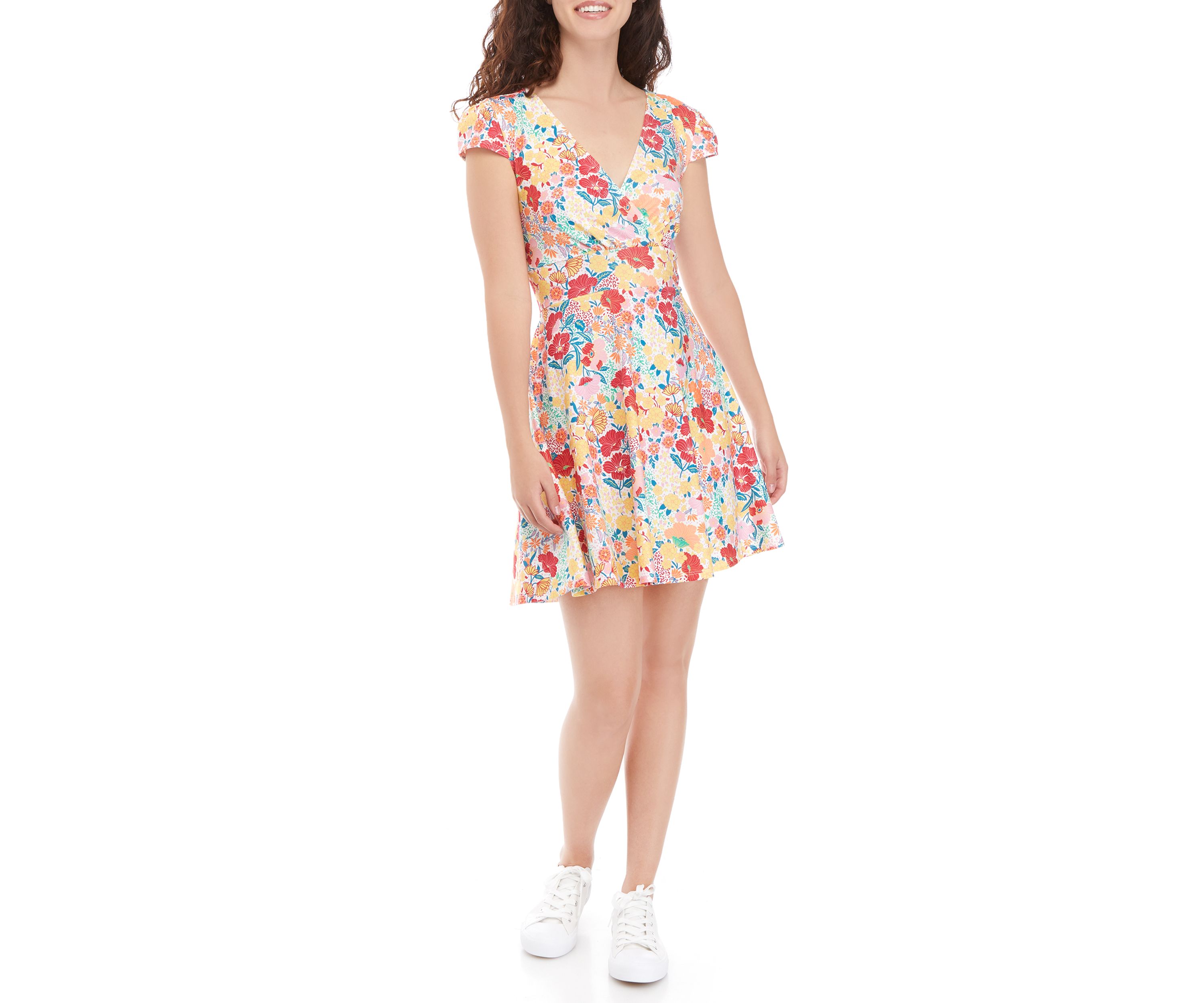 Juniors Short Sleeve Deep V Cutout Dress 