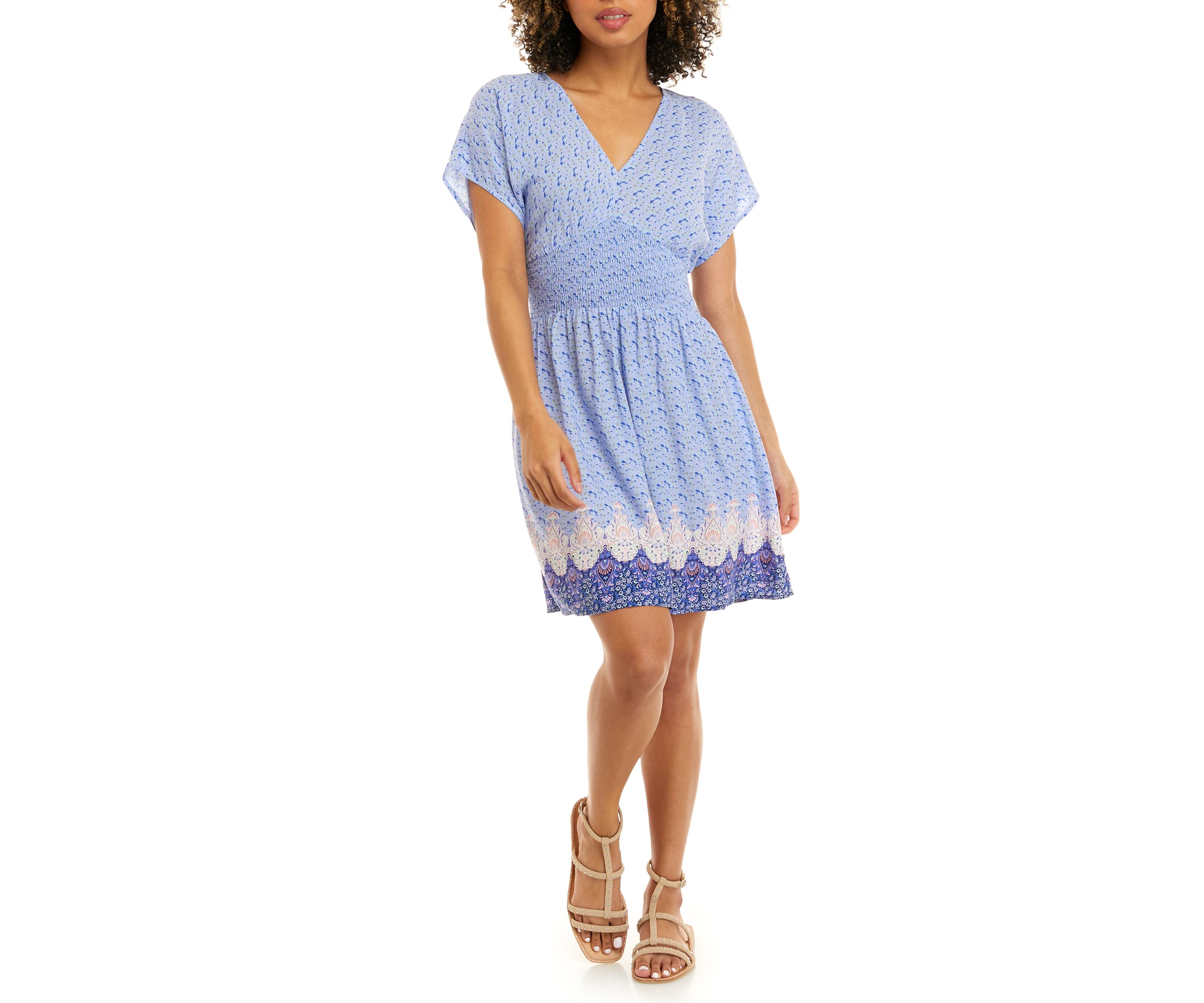 Juniors Short Sleeve V-Neck Smocked Skater Dress