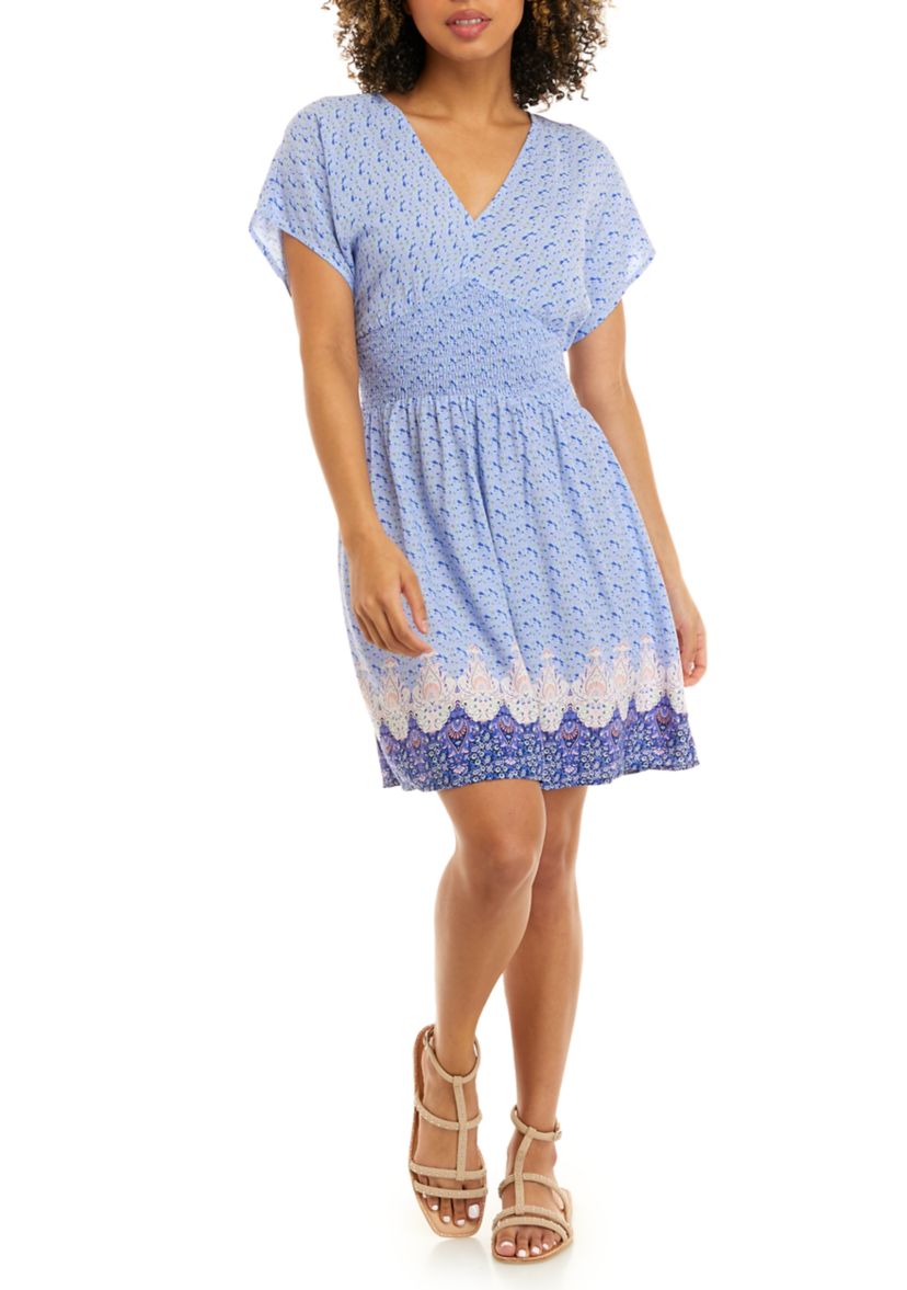 Juniors Short Sleeve V-Neck Smocked Skater Dress