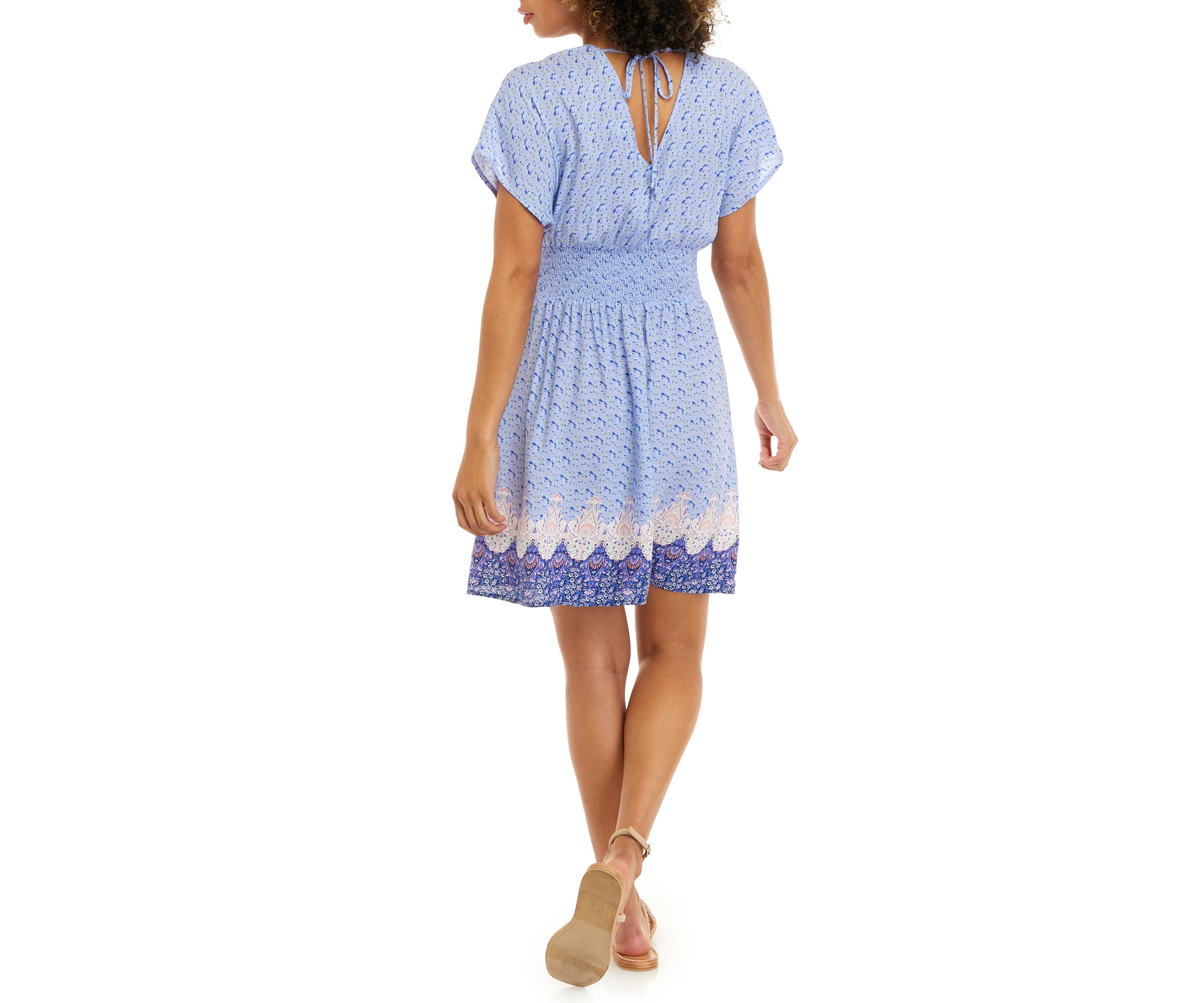 Juniors Short Sleeve V-Neck Smocked Skater Dress