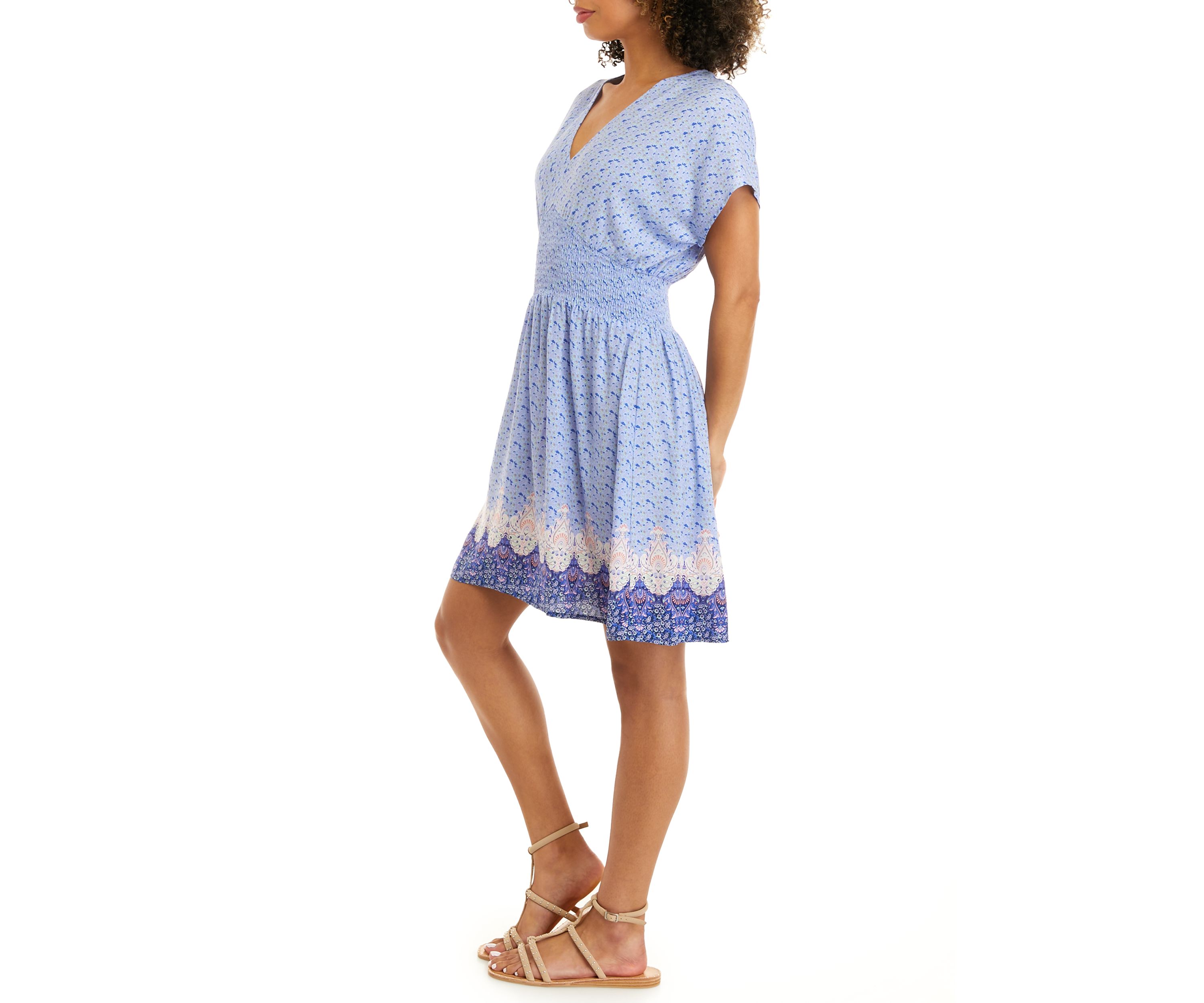Juniors Short Sleeve V-Neck Smocked Skater Dress