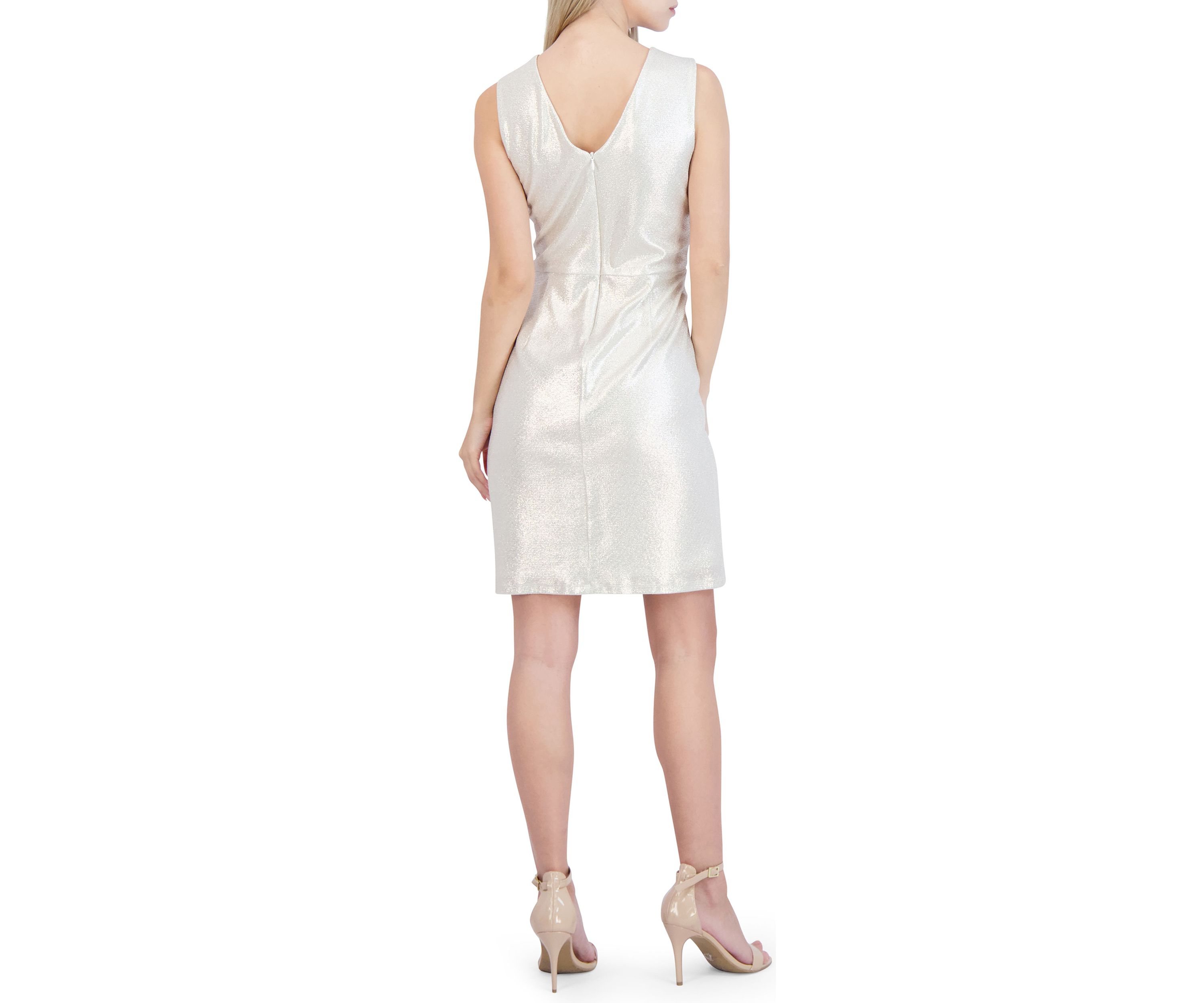 V neck sheath foil knit dress