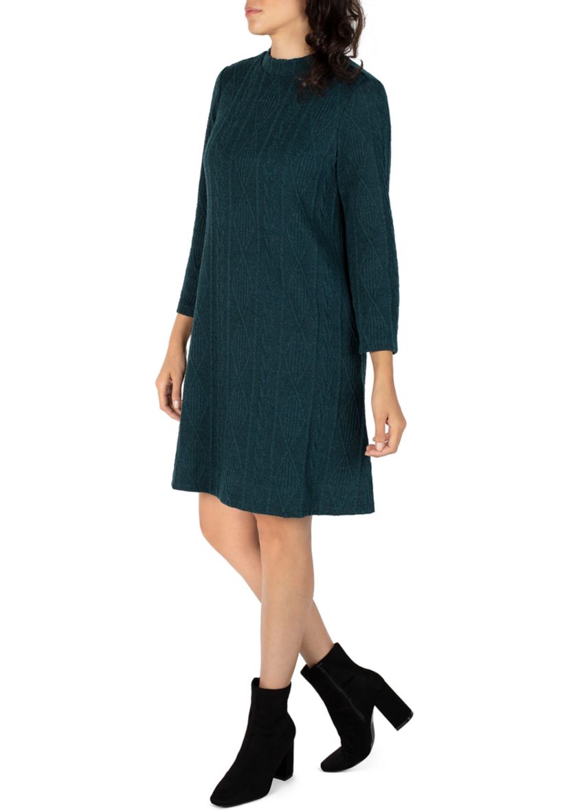 Womens Long Sleeve Mock Neck Diamond Knit Sweater Dress