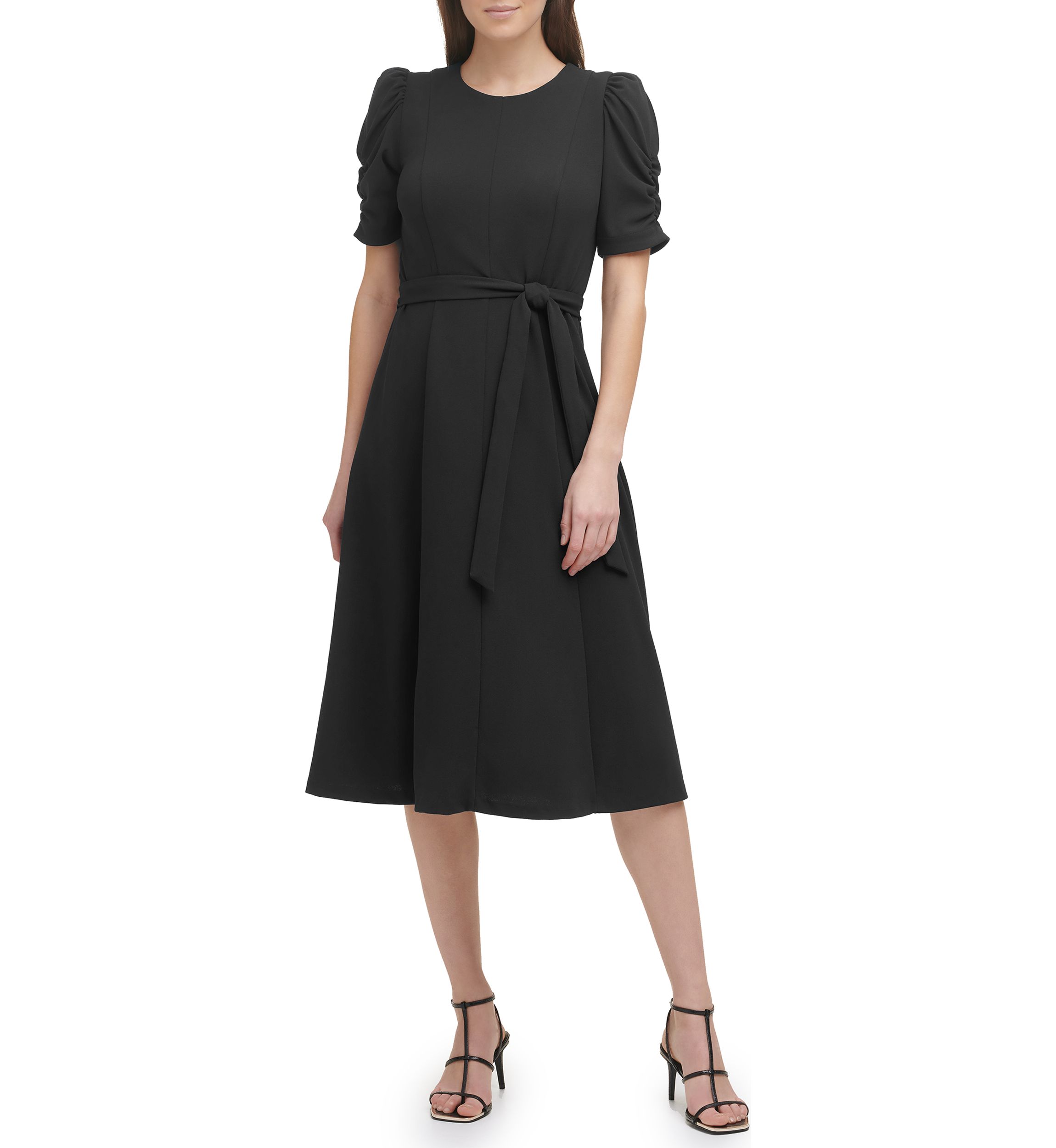 Womens Puff Sleeve Round Neck Tie Waist Solid Midi Dress
