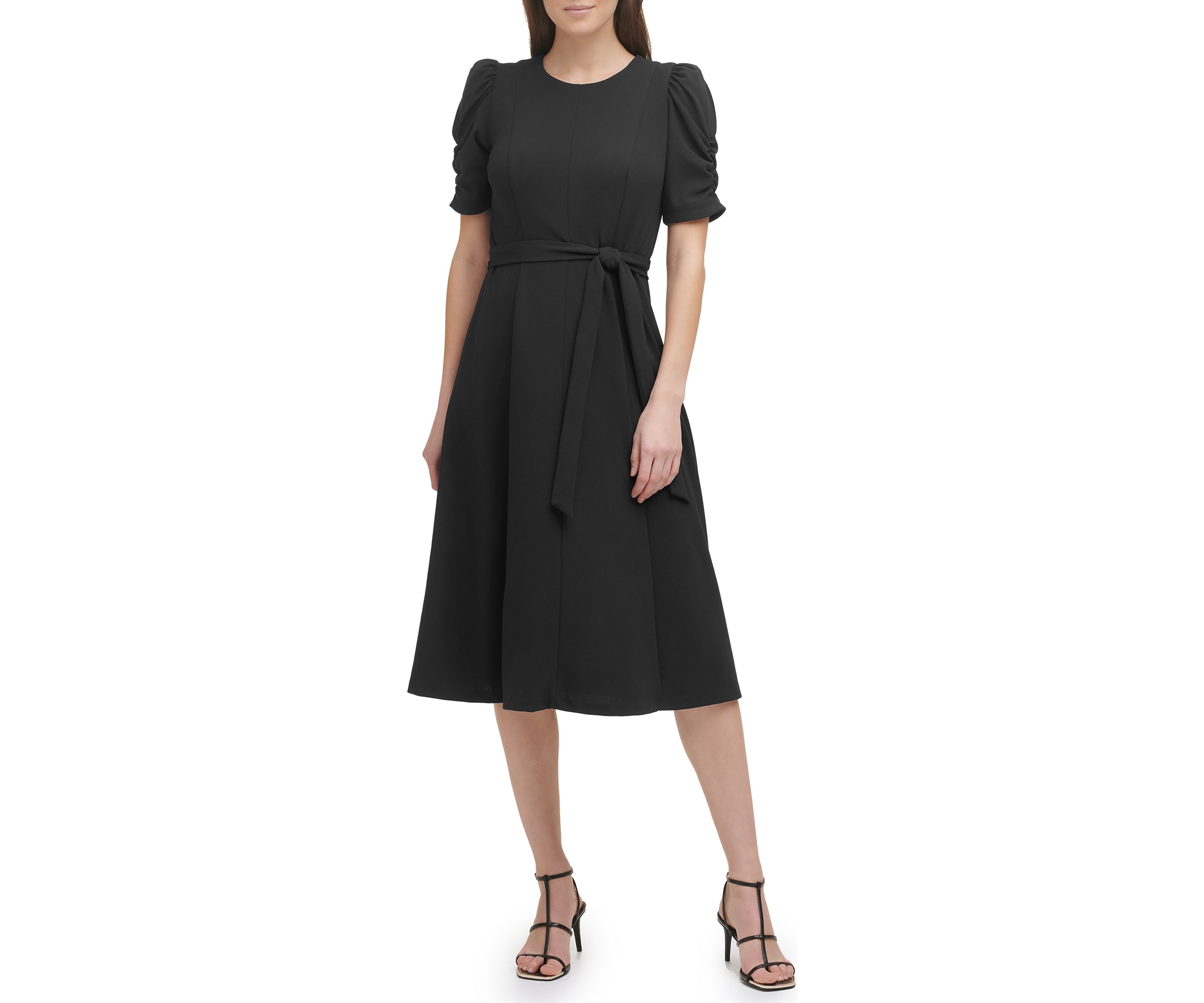 Womens Puff Sleeve Round Neck Tie Waist Solid Midi Dress