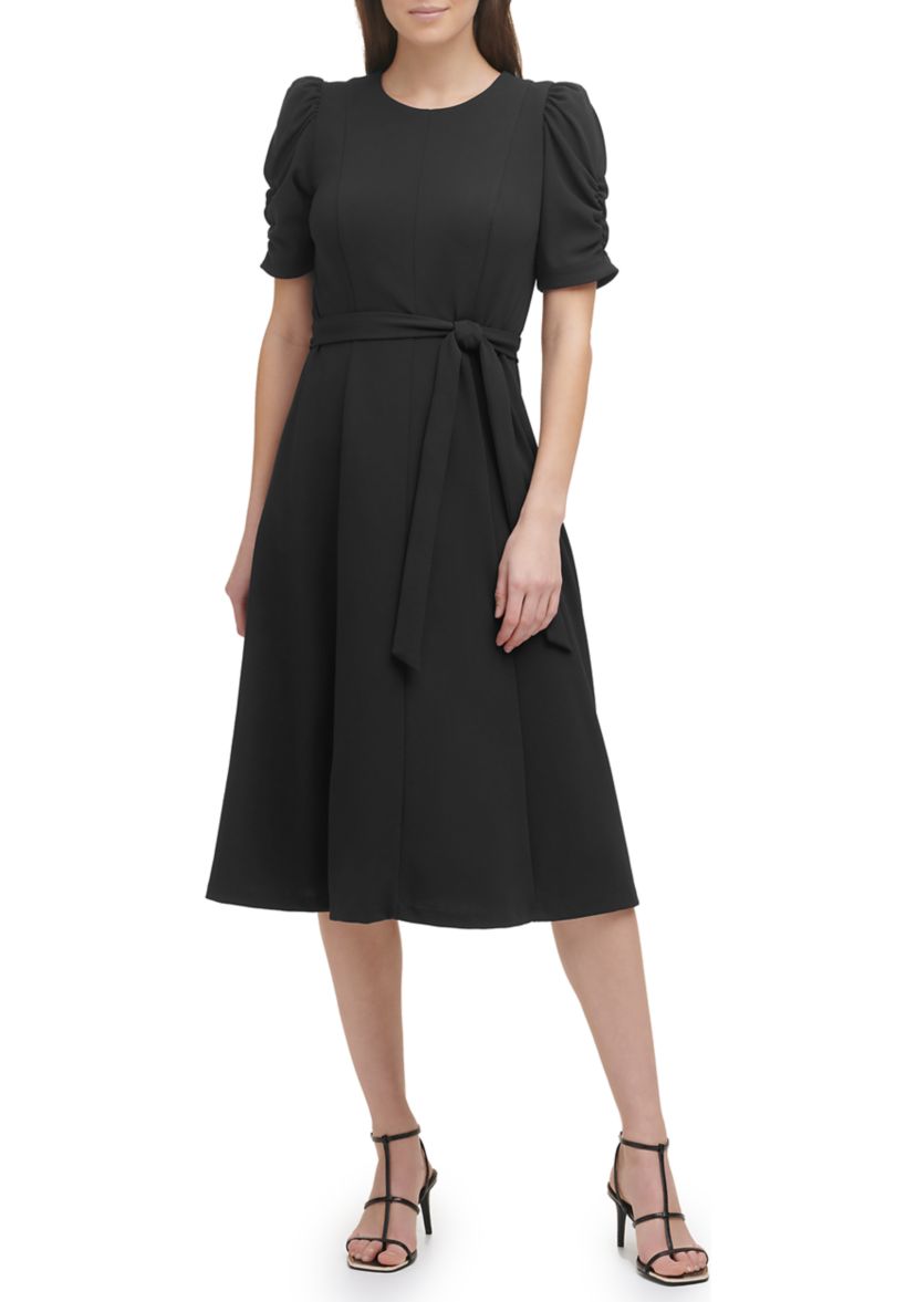 Womens Puff Sleeve Round Neck Tie Waist Solid Midi Dress