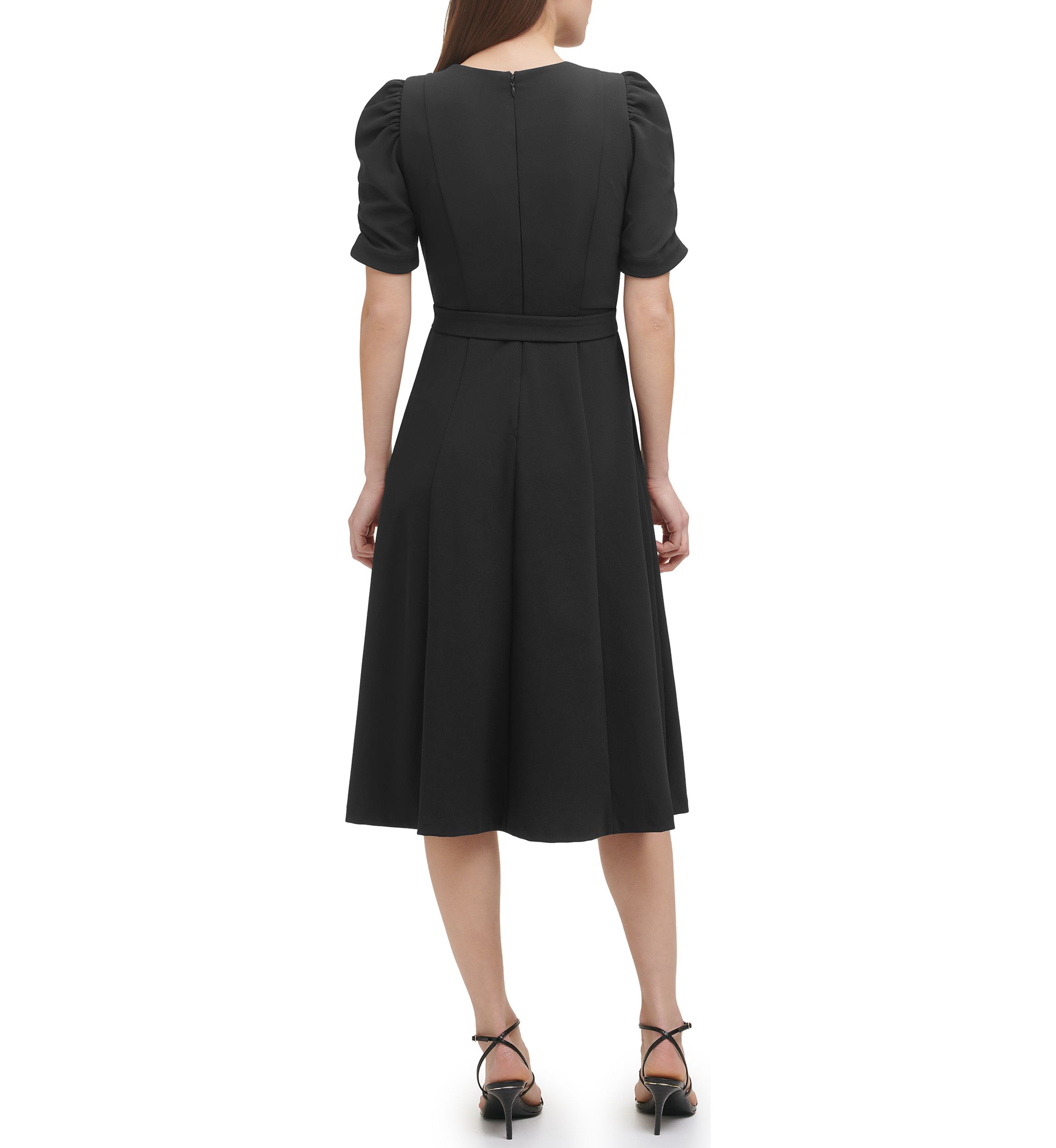 Womens Puff Sleeve Round Neck Tie Waist Solid Midi Dress
