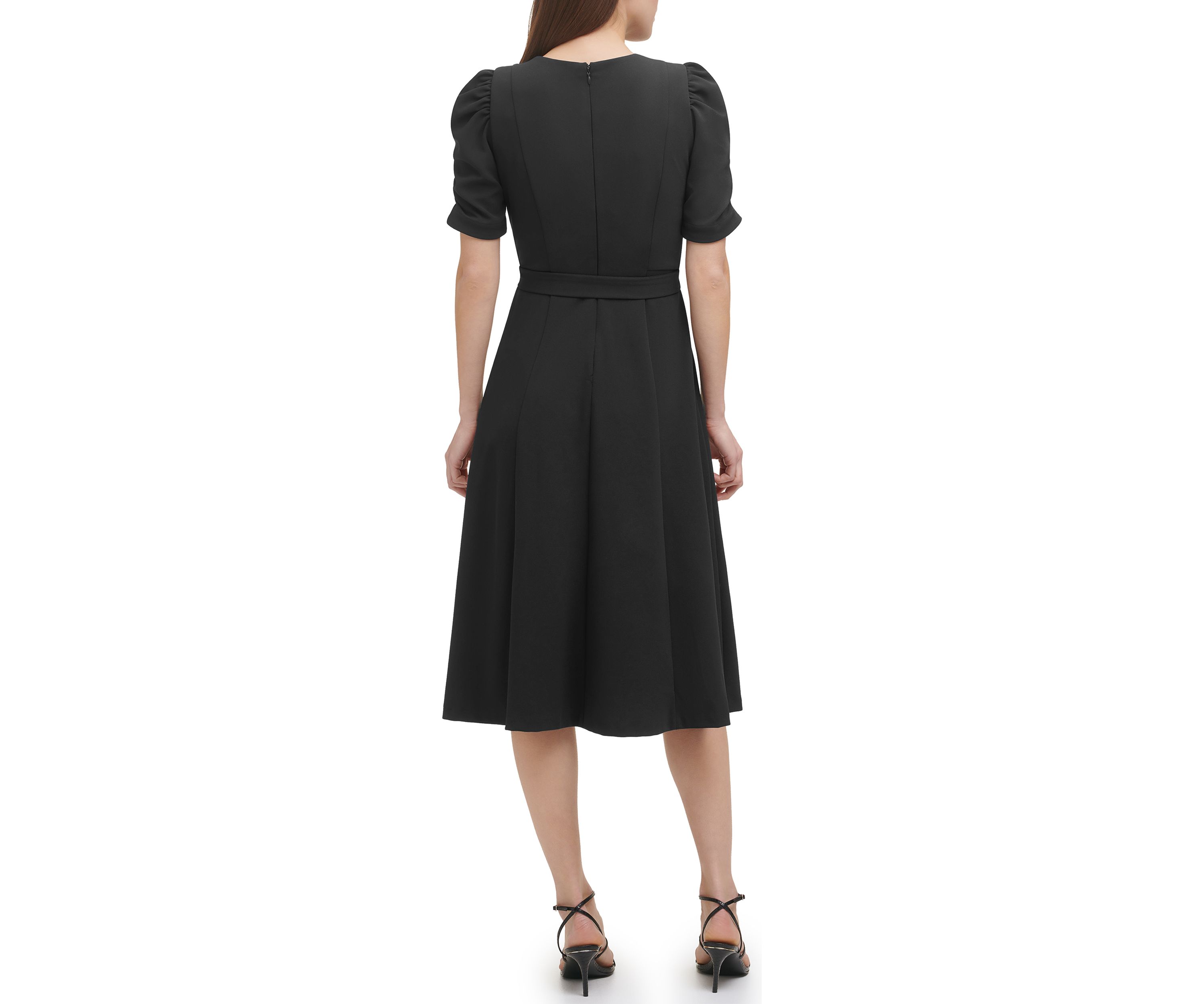 Womens Puff Sleeve Round Neck Tie Waist Solid Midi Dress