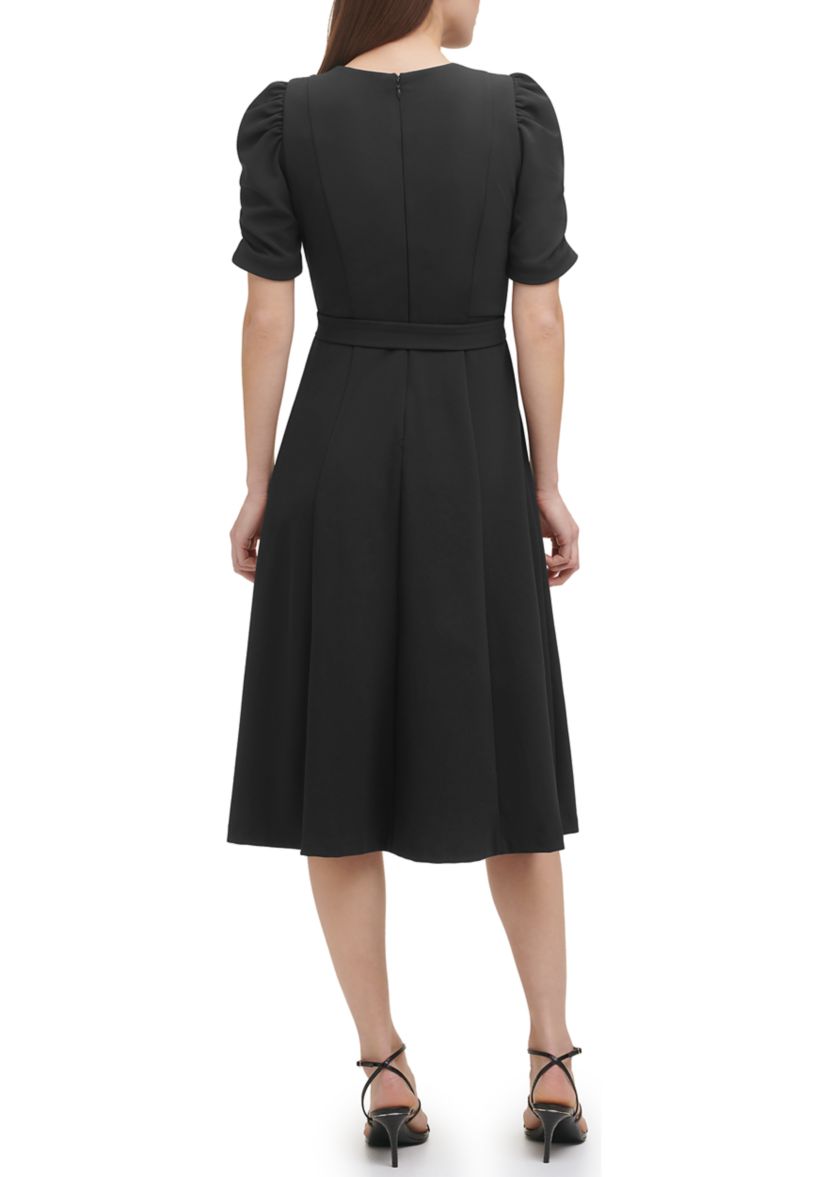 Womens Puff Sleeve Round Neck Tie Waist Solid Midi Dress