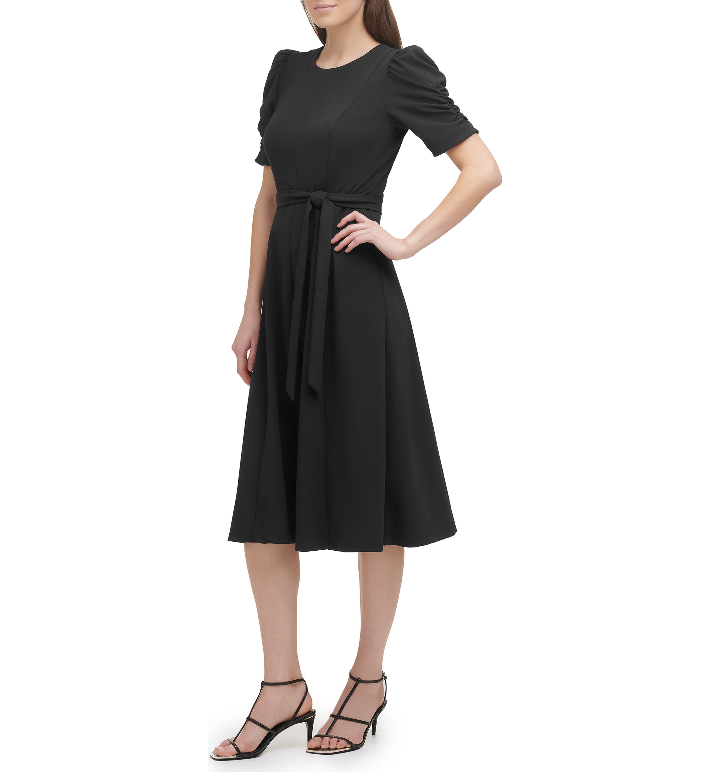 Womens Puff Sleeve Round Neck Tie Waist Solid Midi Dress