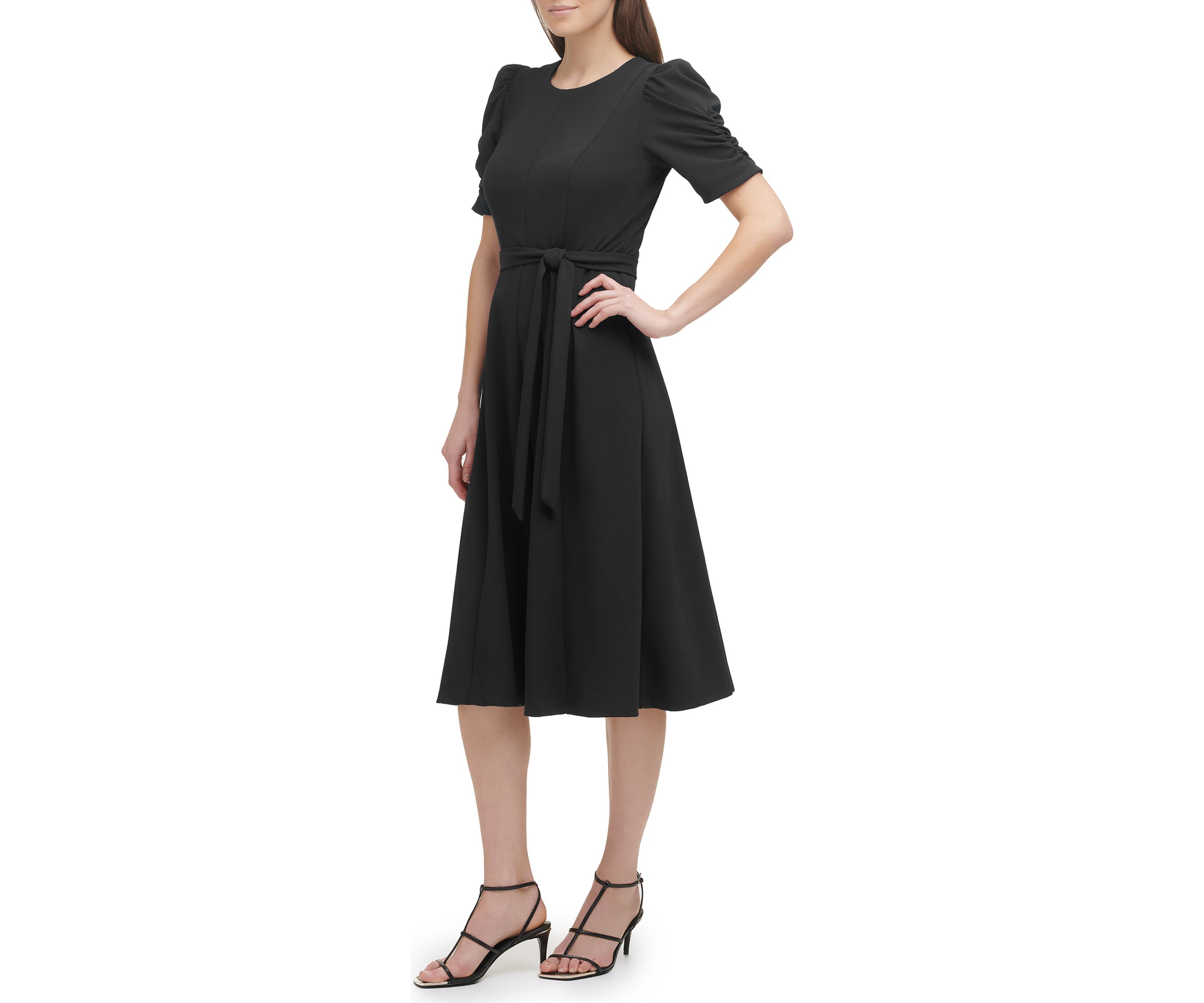 Womens Puff Sleeve Round Neck Tie Waist Solid Midi Dress