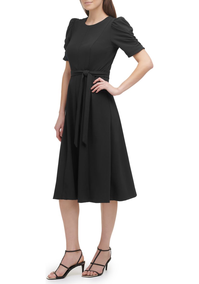 Womens Puff Sleeve Round Neck Tie Waist Solid Midi Dress